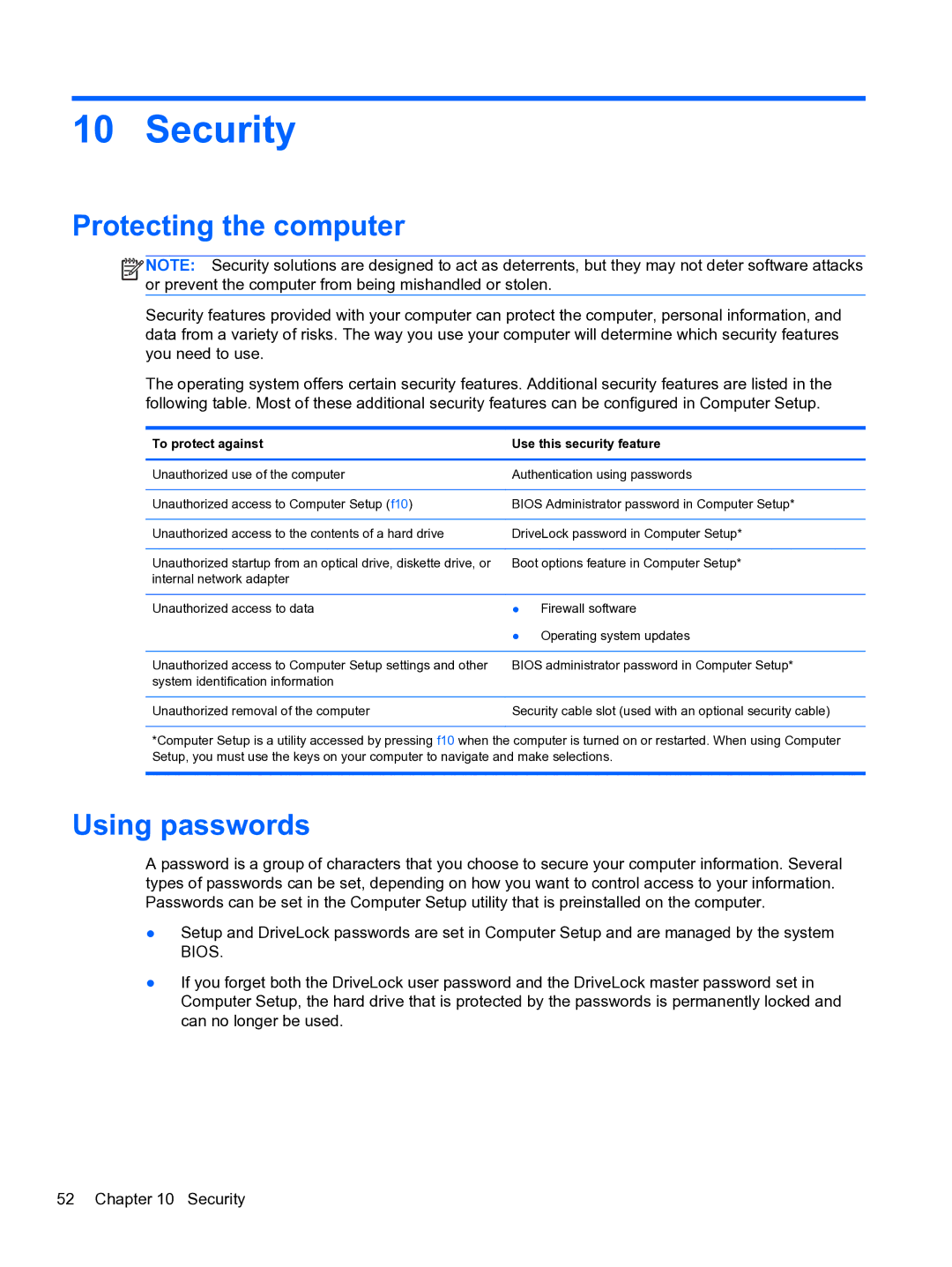 HP ZBook 15 Mobile manual Security, Protecting the computer, Using passwords 