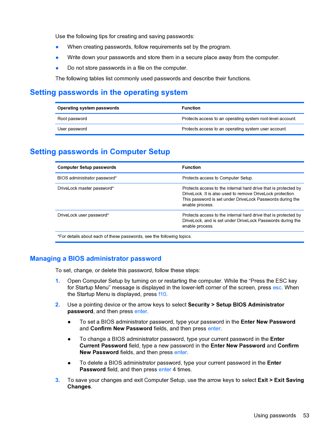 HP ZBook 15 Mobile manual Setting passwords in the operating system, Setting passwords in Computer Setup 