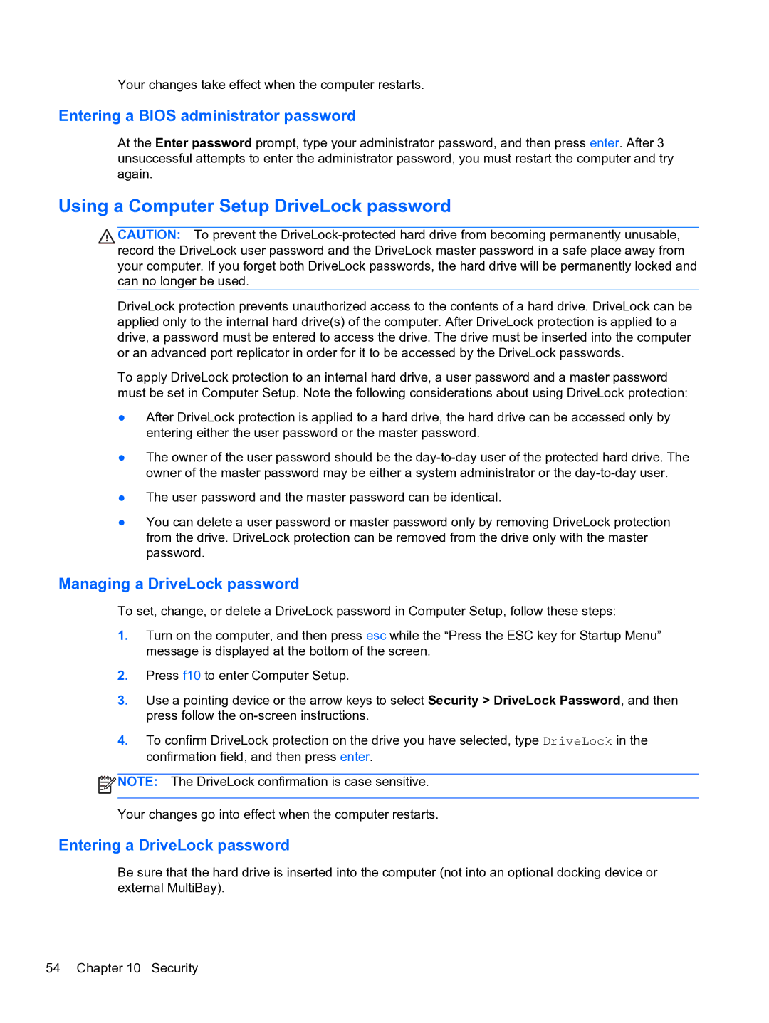 HP ZBook 15 Mobile manual Using a Computer Setup DriveLock password, Entering a Bios administrator password 