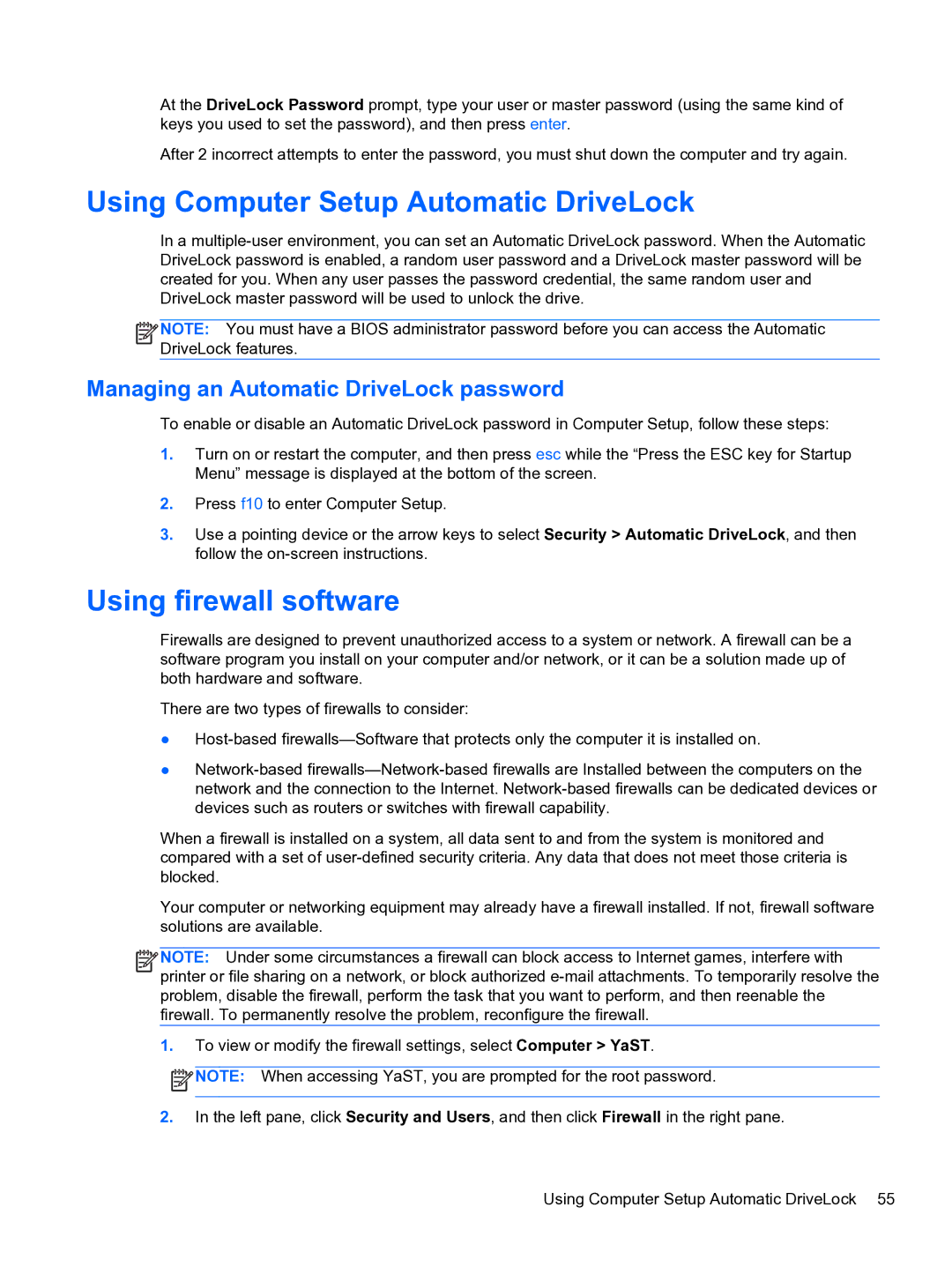 HP ZBook 15 Mobile manual Using Computer Setup Automatic DriveLock, Using firewall software 