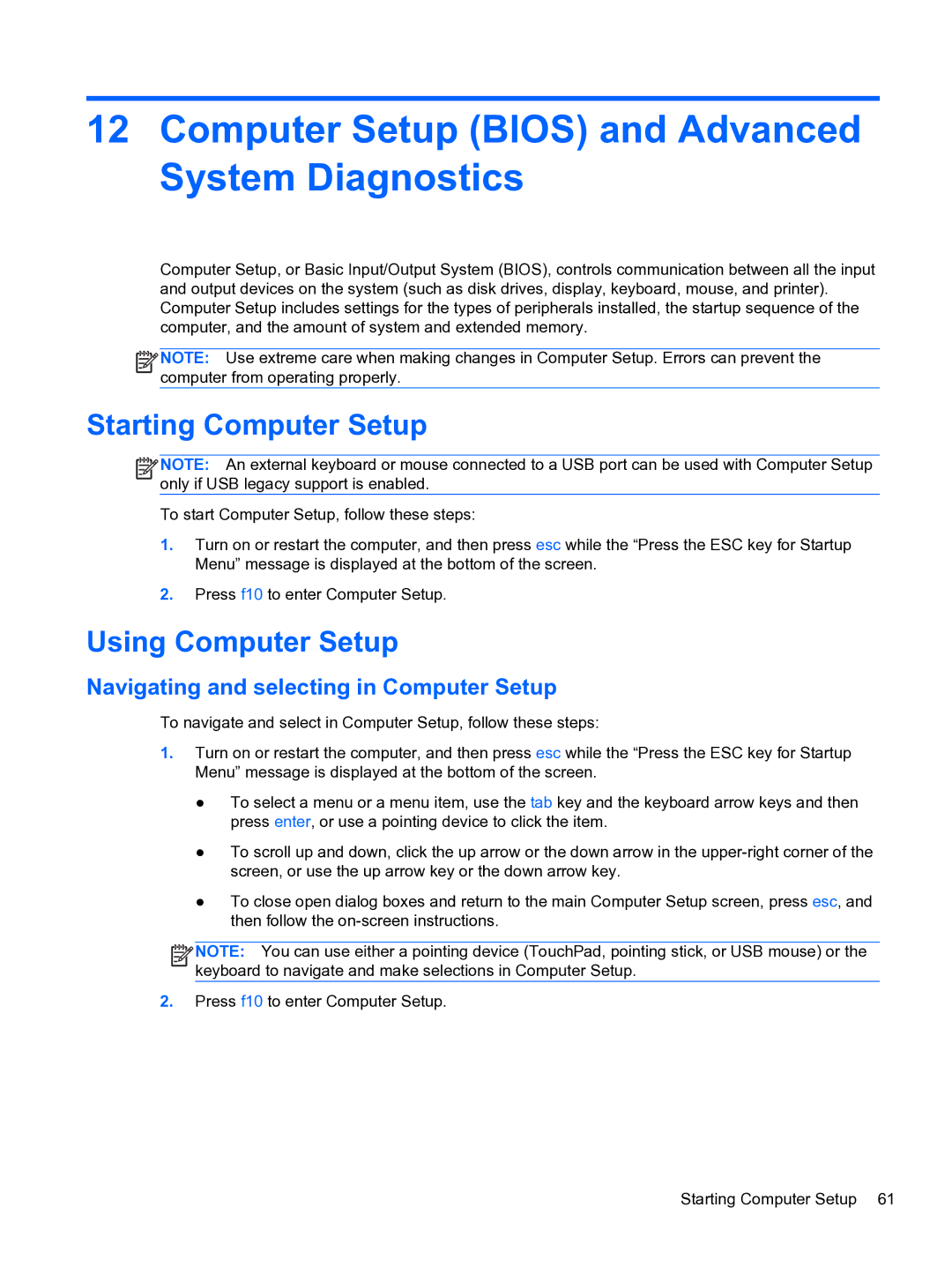 HP ZBook 15 Mobile Computer Setup Bios and Advanced System Diagnostics, Starting Computer Setup, Using Computer Setup 