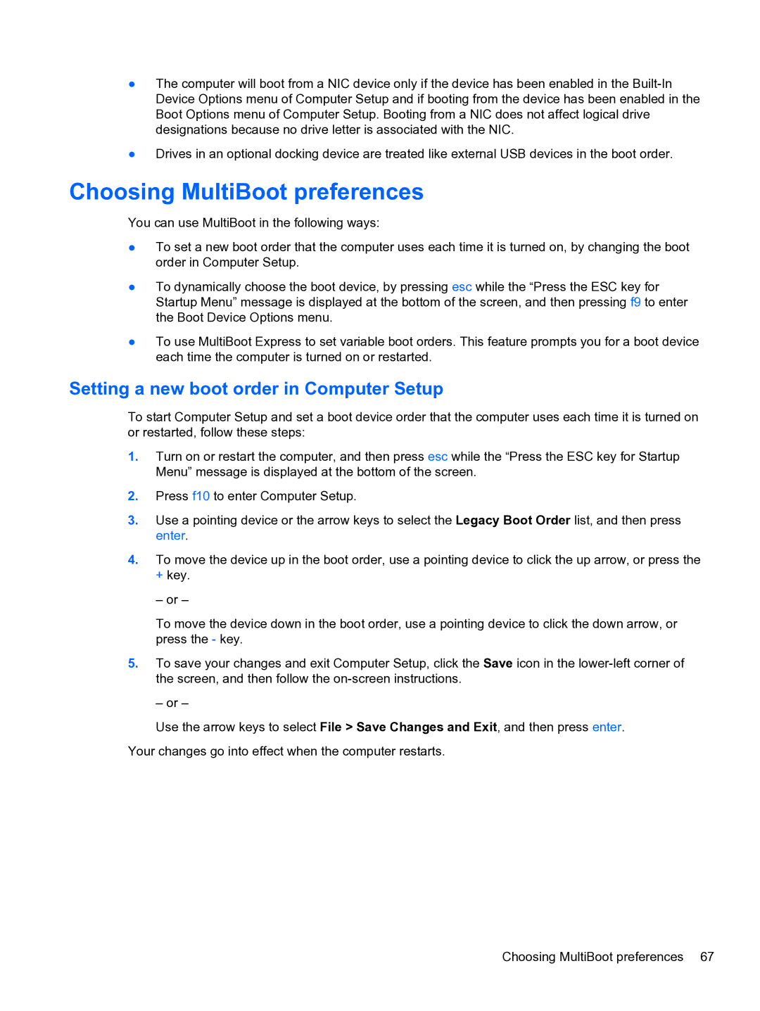 HP ZBook 15 Mobile manual Choosing MultiBoot preferences, Setting a new boot order in Computer Setup 