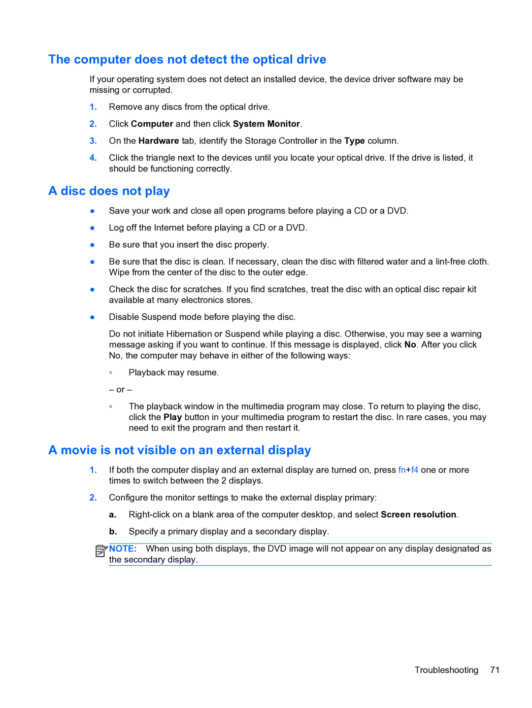 HP ZBook 15 Mobile manual Computer does not detect the optical drive, Disc does not play 