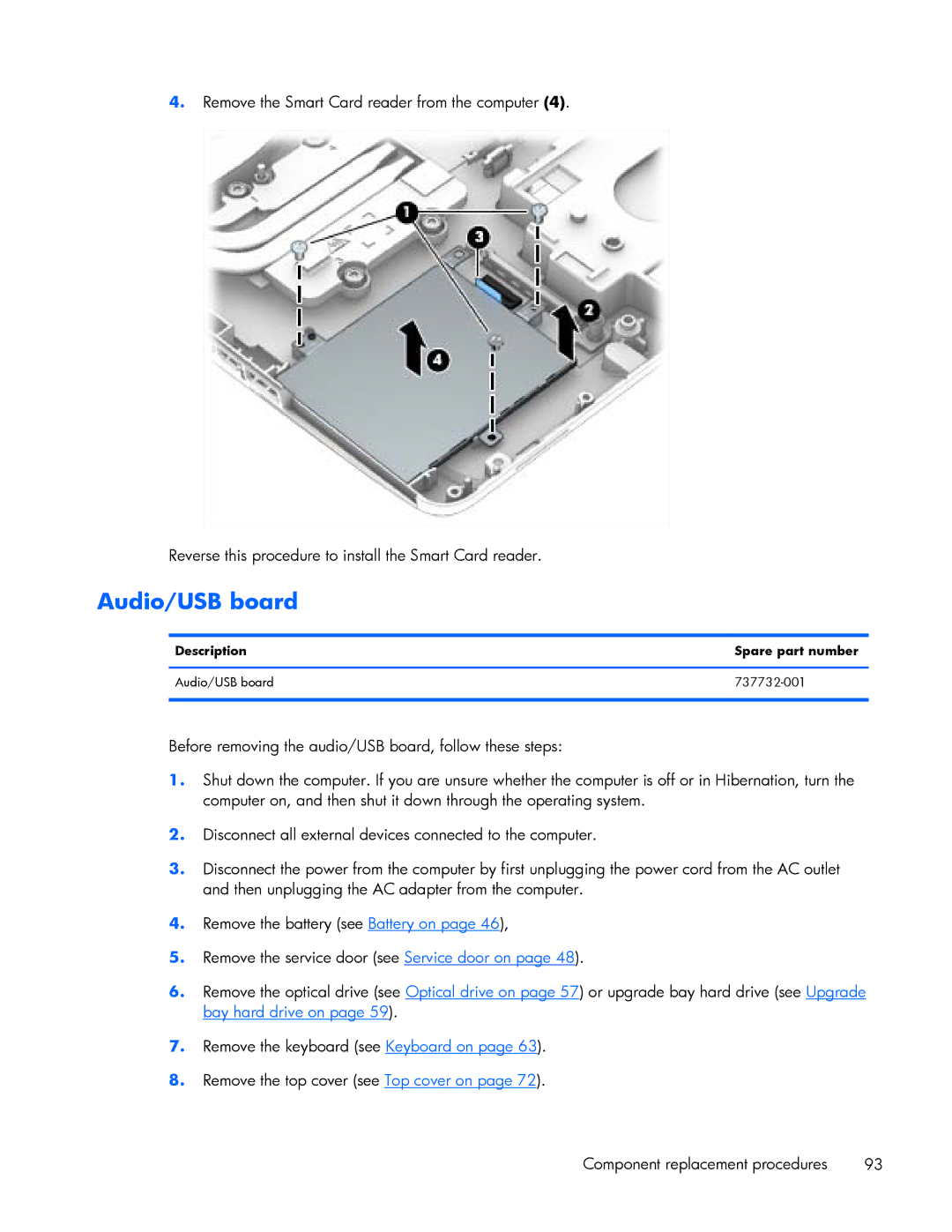 HP ZBook 17 manual Description Spare part number Audio/USB board 737732-001 