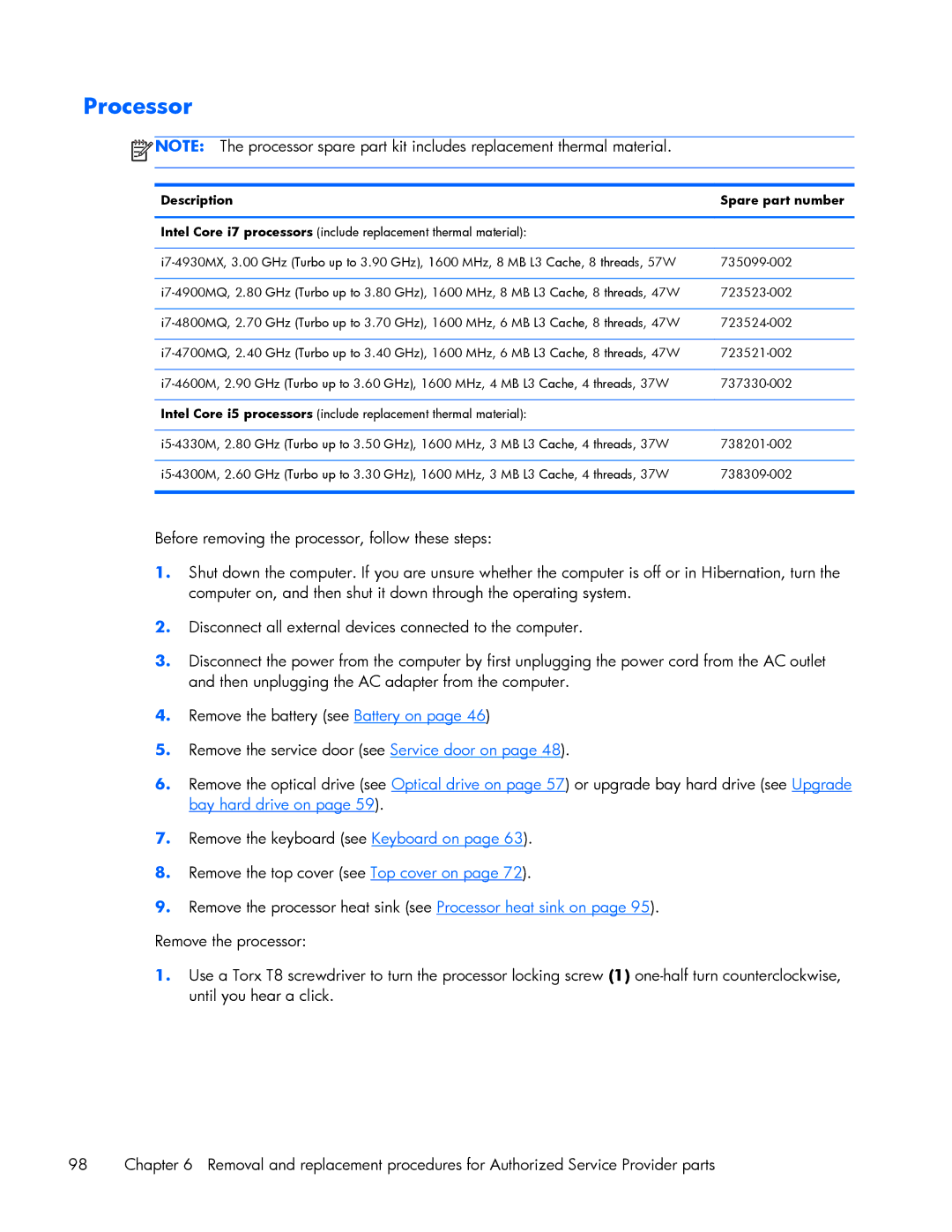 HP ZBook 17 manual Processor, Description Spare part number 