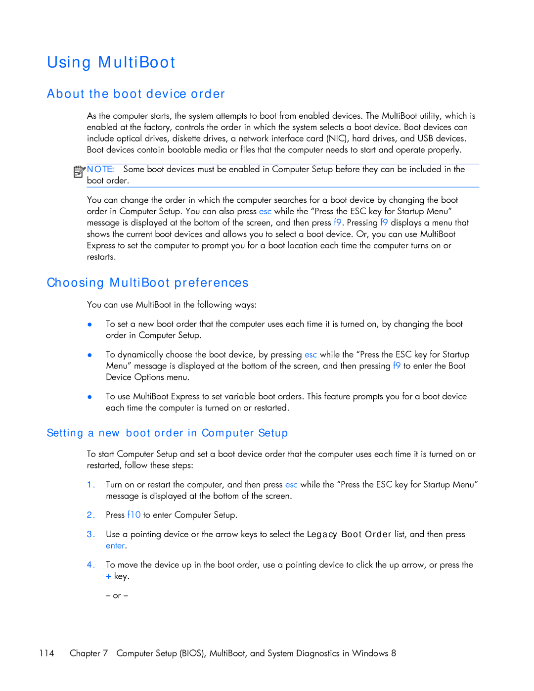 HP ZBook 17 manual Using MultiBoot, About the boot device order, Choosing MultiBoot preferences 