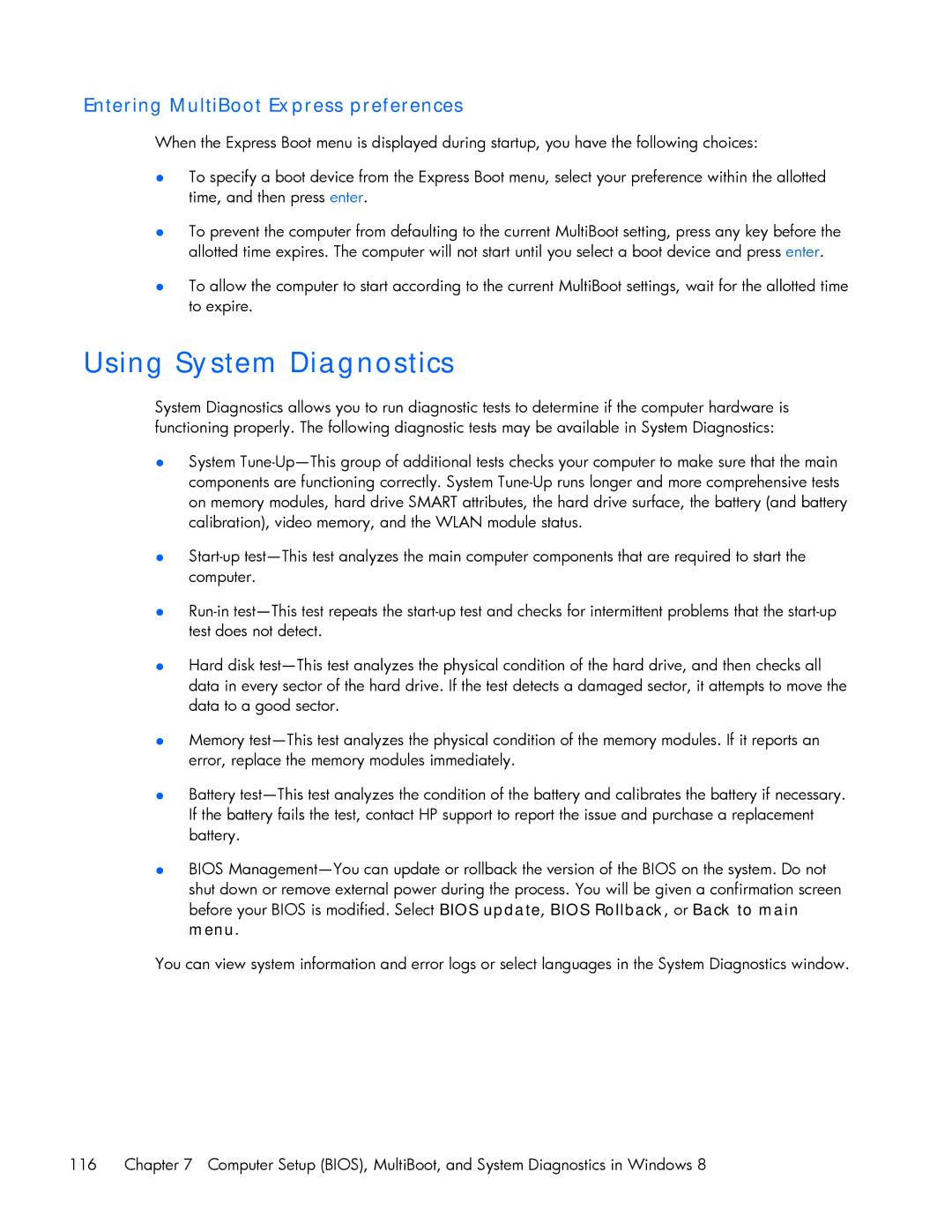 HP ZBook 17 manual Using System Diagnostics, Entering MultiBoot Express preferences 