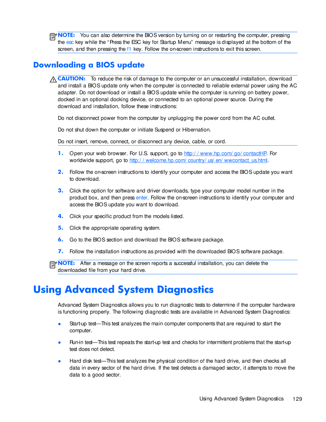 HP ZBook 17 manual Using Advanced System Diagnostics, Downloading a Bios update 