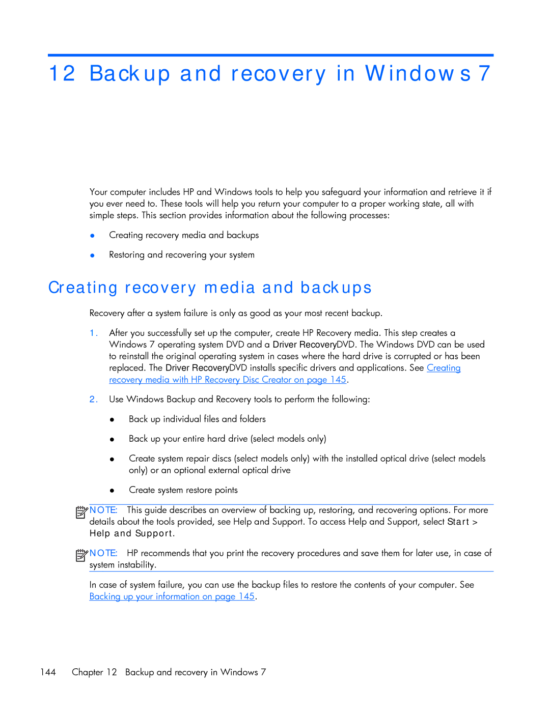 HP ZBook 17 manual Backup and recovery in Windows, Creating recovery media and backups 