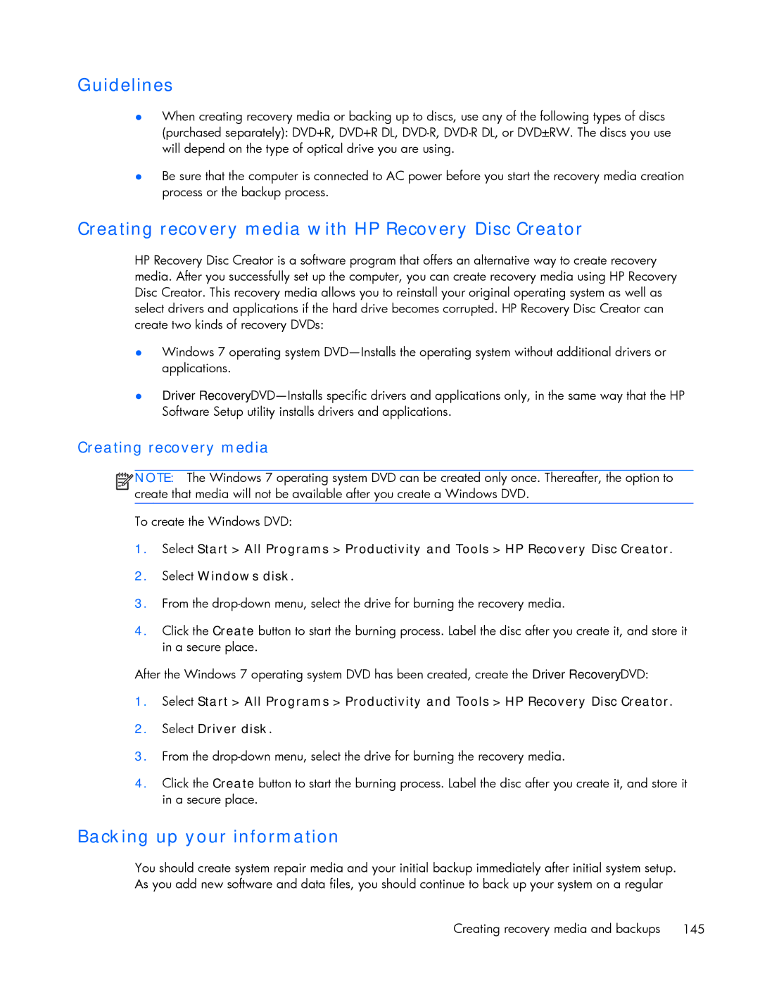HP ZBook 17 manual Guidelines, Creating recovery media with HP Recovery Disc Creator, Backing up your information 