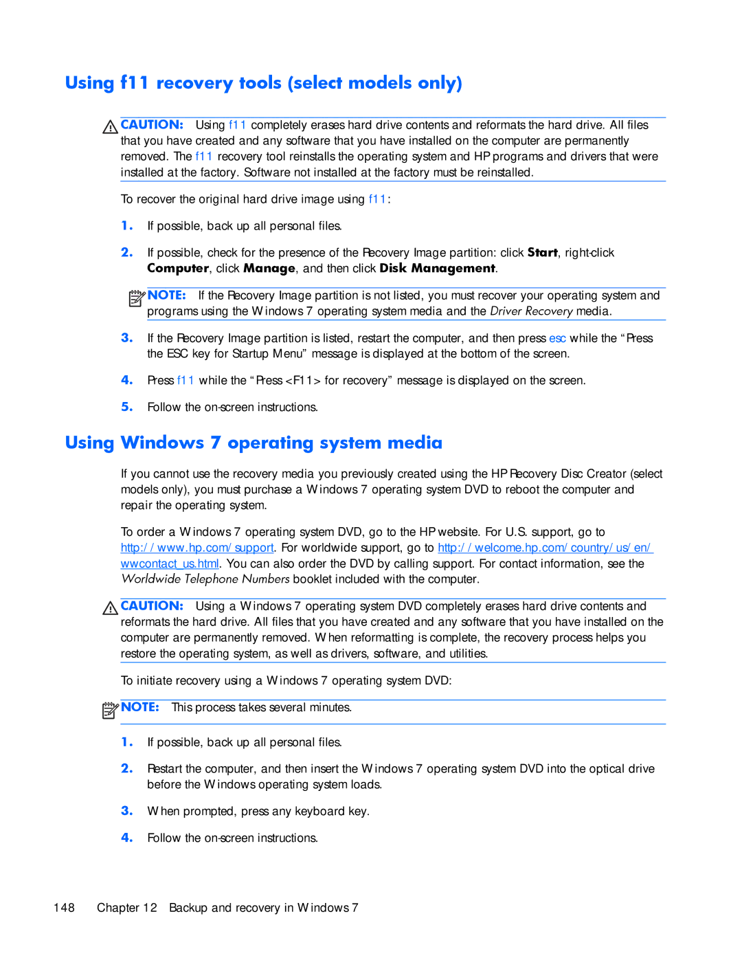 HP ZBook 17 manual Using f11 recovery tools select models only, Using Windows 7 operating system media 