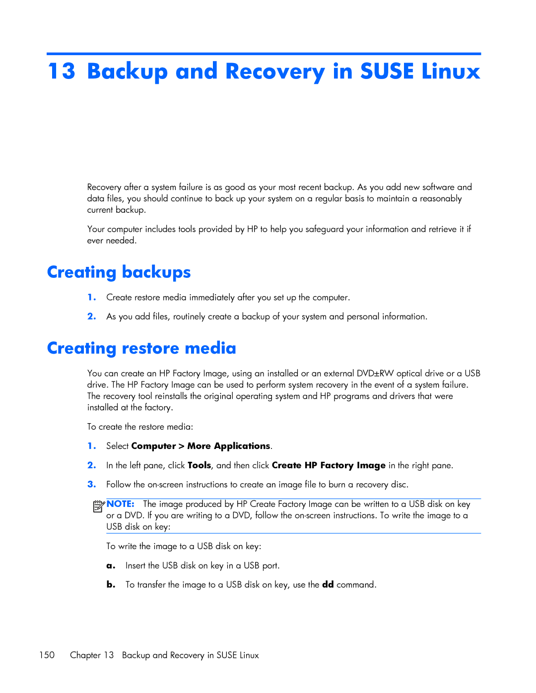 HP ZBook 17 manual Backup and Recovery in Suse Linux, Creating backups, Creating restore media 