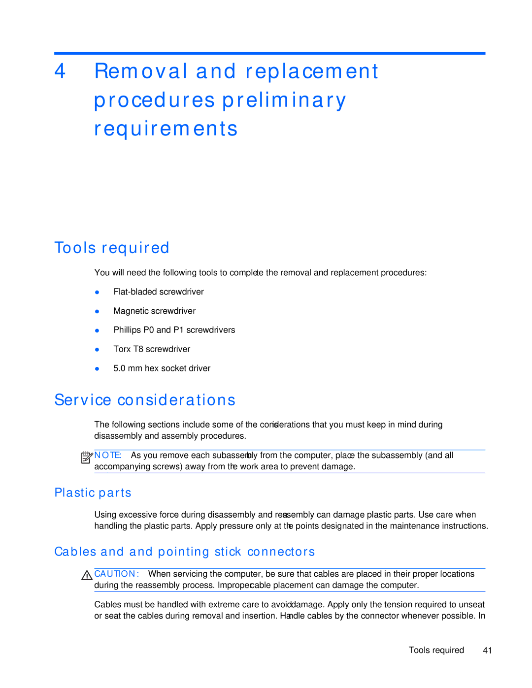 HP ZBook 17 manual Removal and replacement procedures preliminary requirements, Tools required, Service considerations 