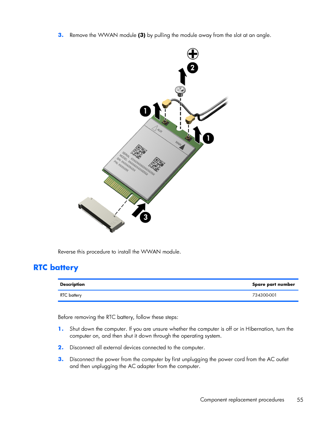 HP ZBook 17 manual Description Spare part number RTC battery 734300-001 