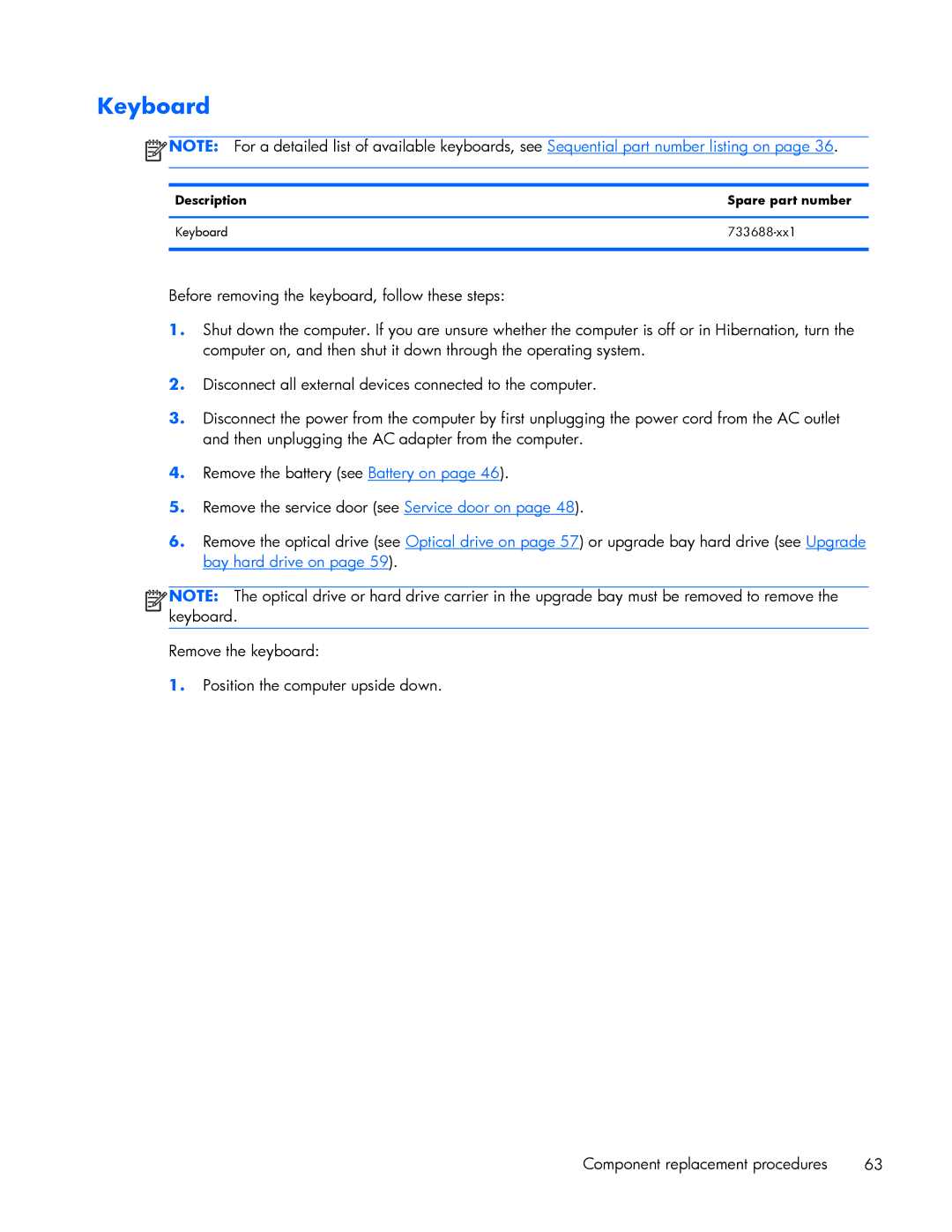 HP ZBook 17 manual Description Spare part number Keyboard 733688-xx1 