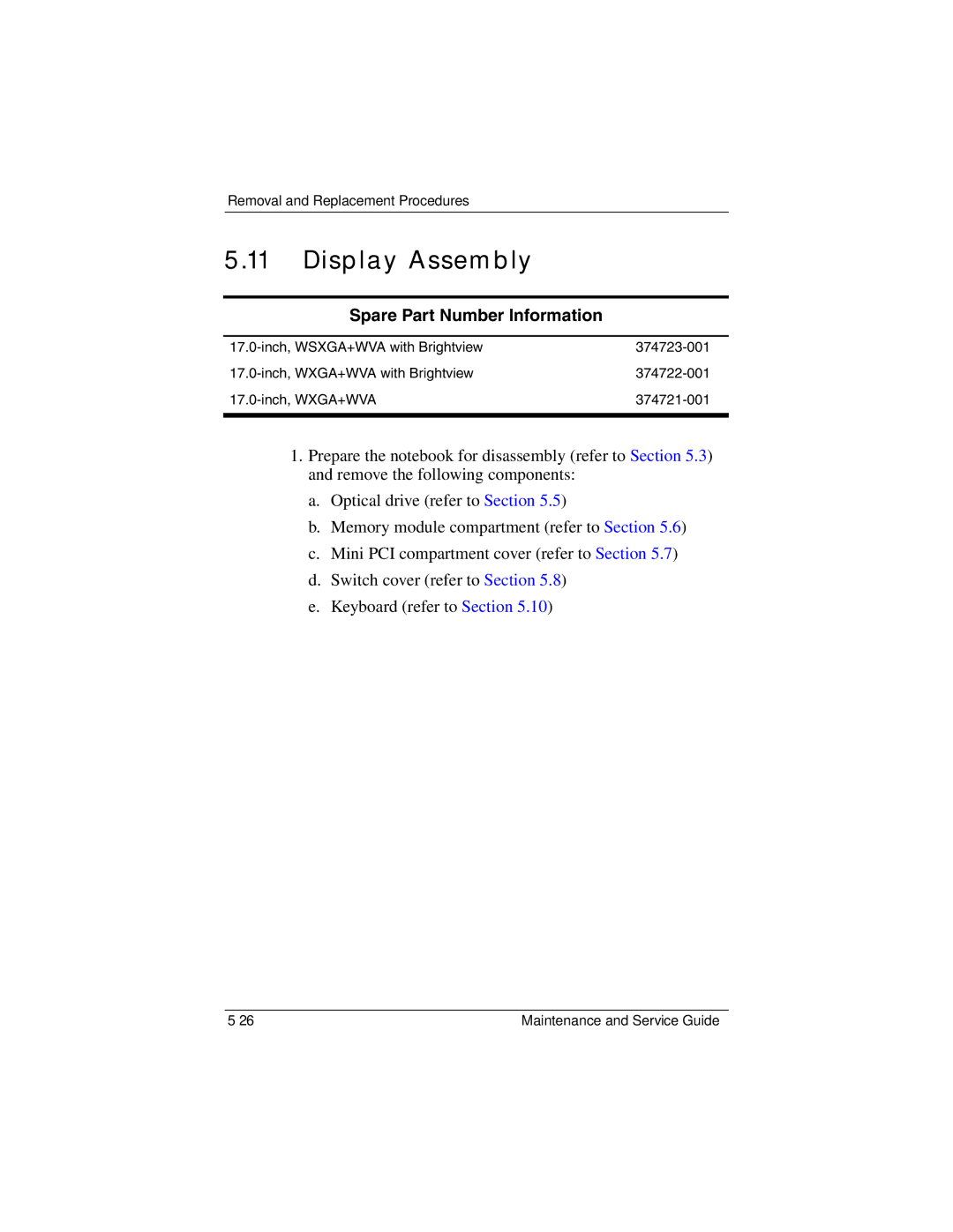 HP ZD8000 manual Display Assembly, Spare Part Number Information 