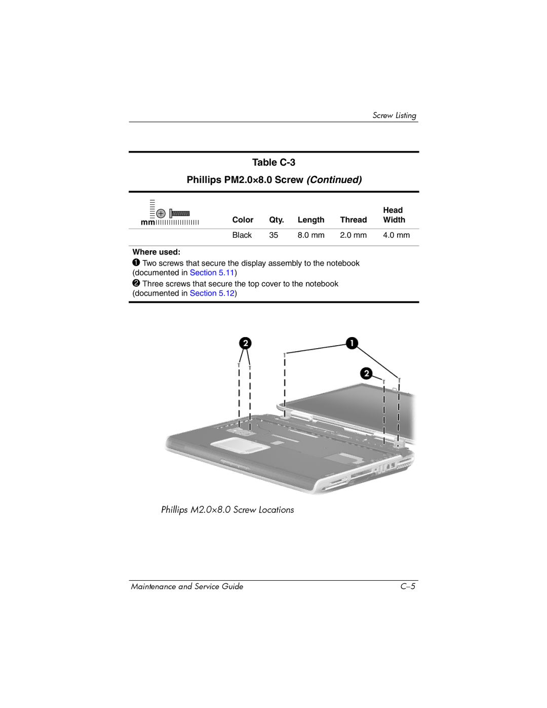 HP ZD8000 manual Phillips M2.0×8.0 Screw Locations 