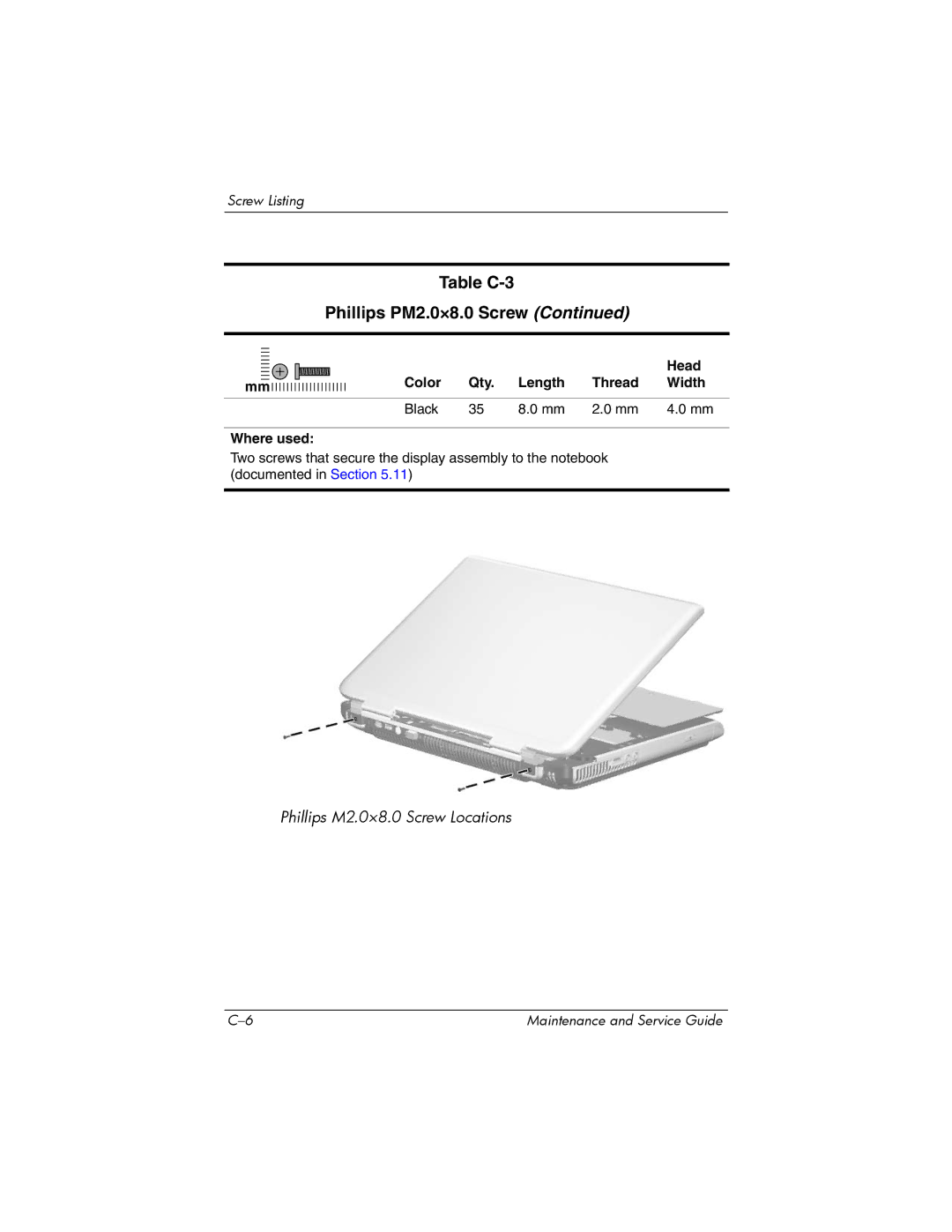 HP ZD8000 manual Table C-3 Phillips PM2.0×8.0 Screw 