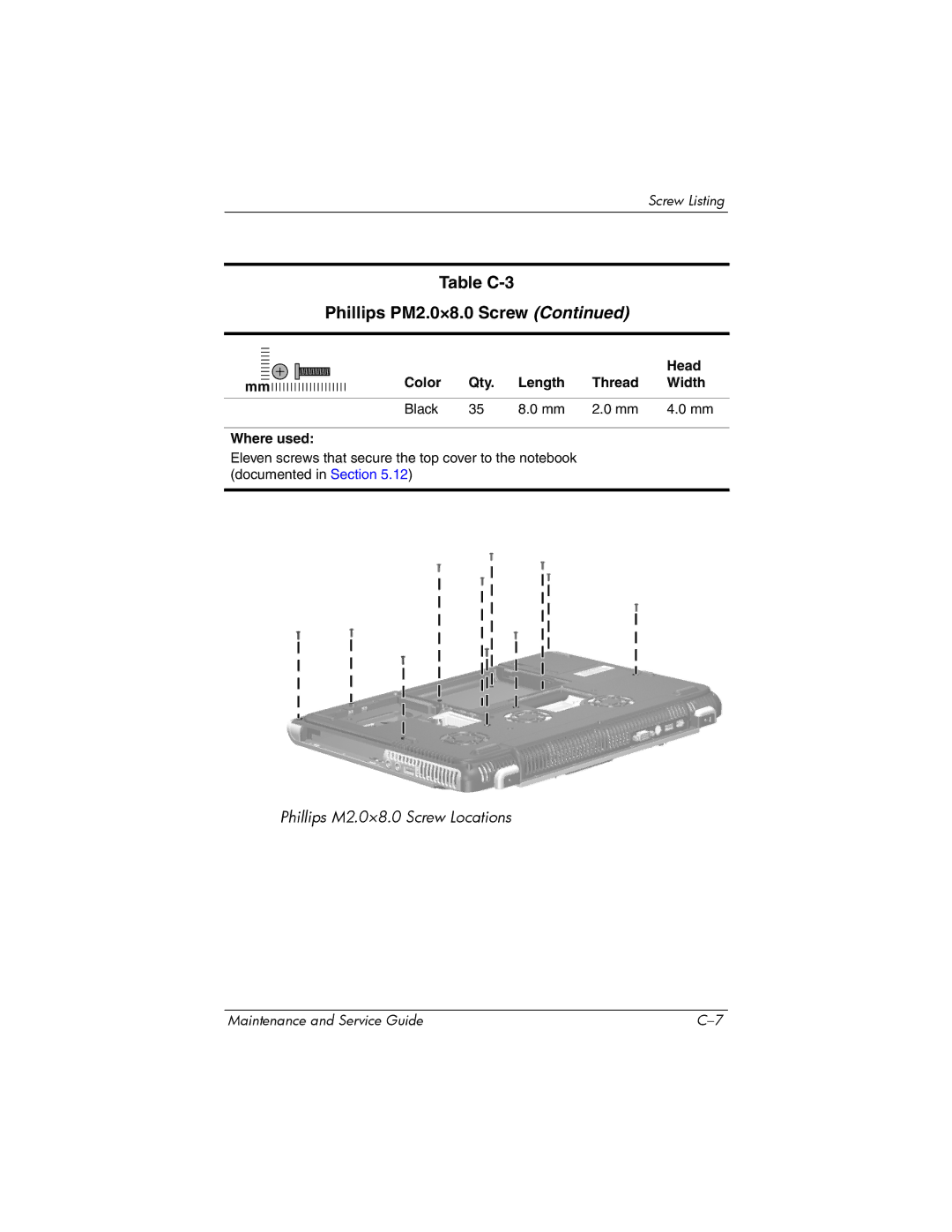 HP ZD8000 manual Table C-3 Phillips PM2.0×8.0 Screw 