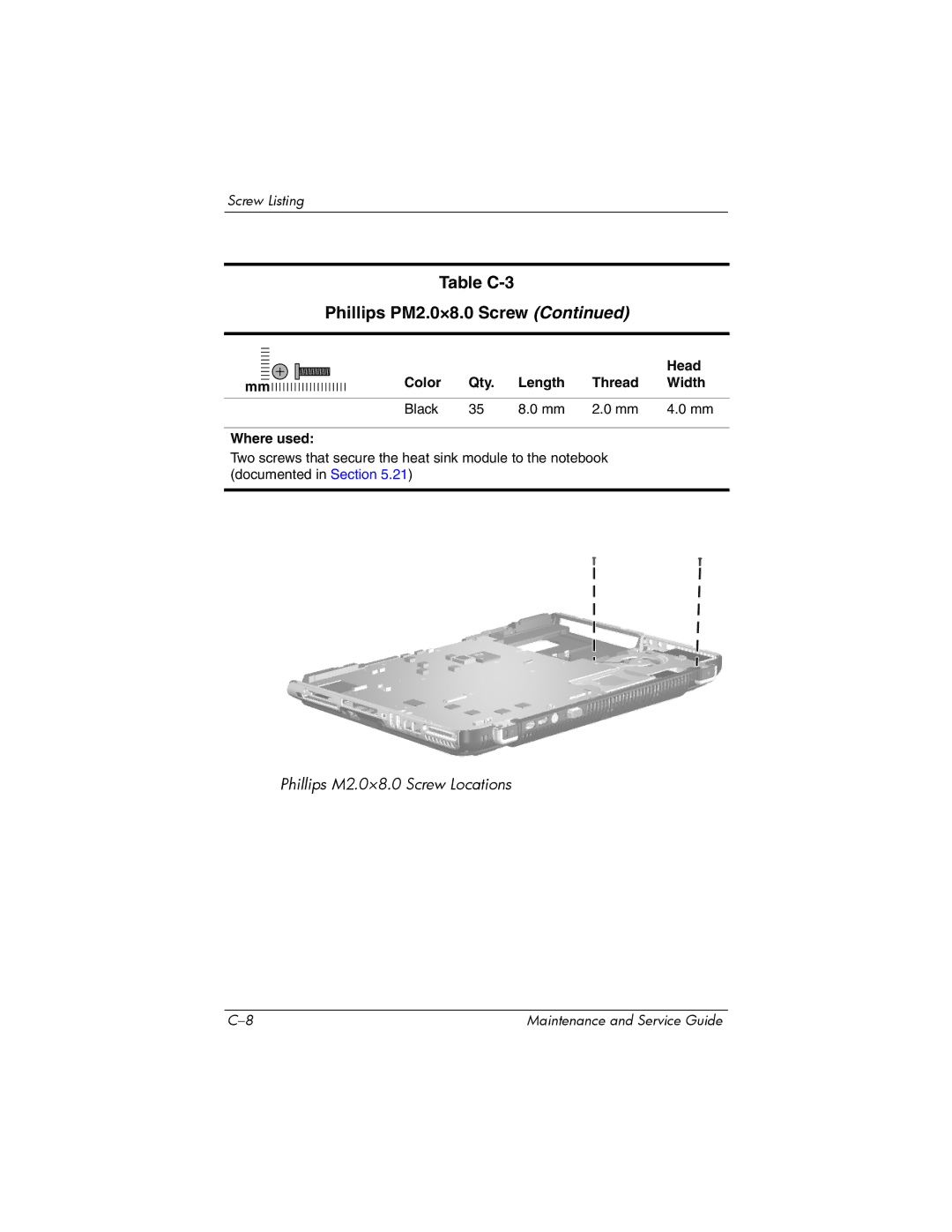 HP ZD8000 manual Table C-3 Phillips PM2.0×8.0 Screw 