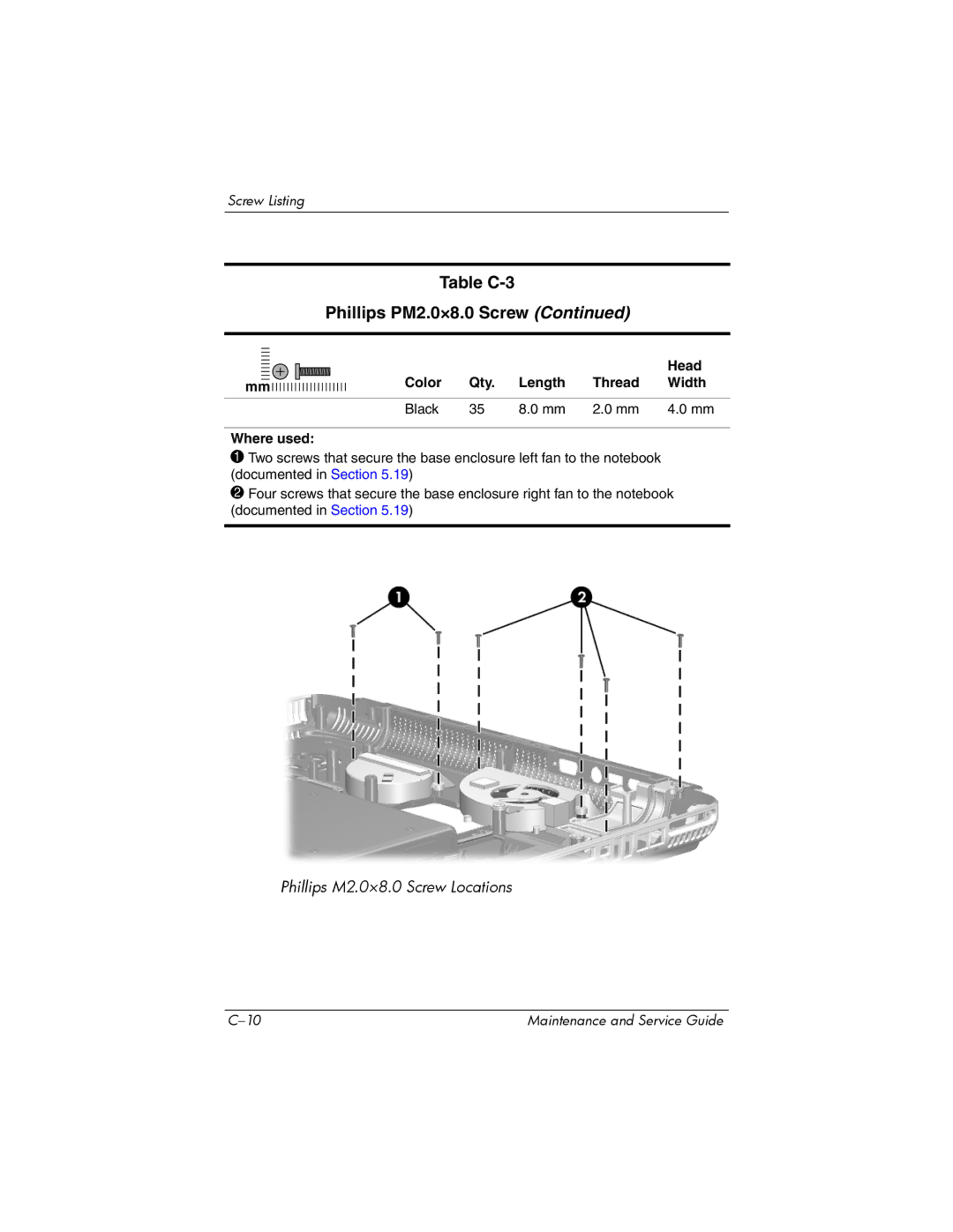 HP ZD8000 manual Table C-3 Phillips PM2.0×8.0 Screw 