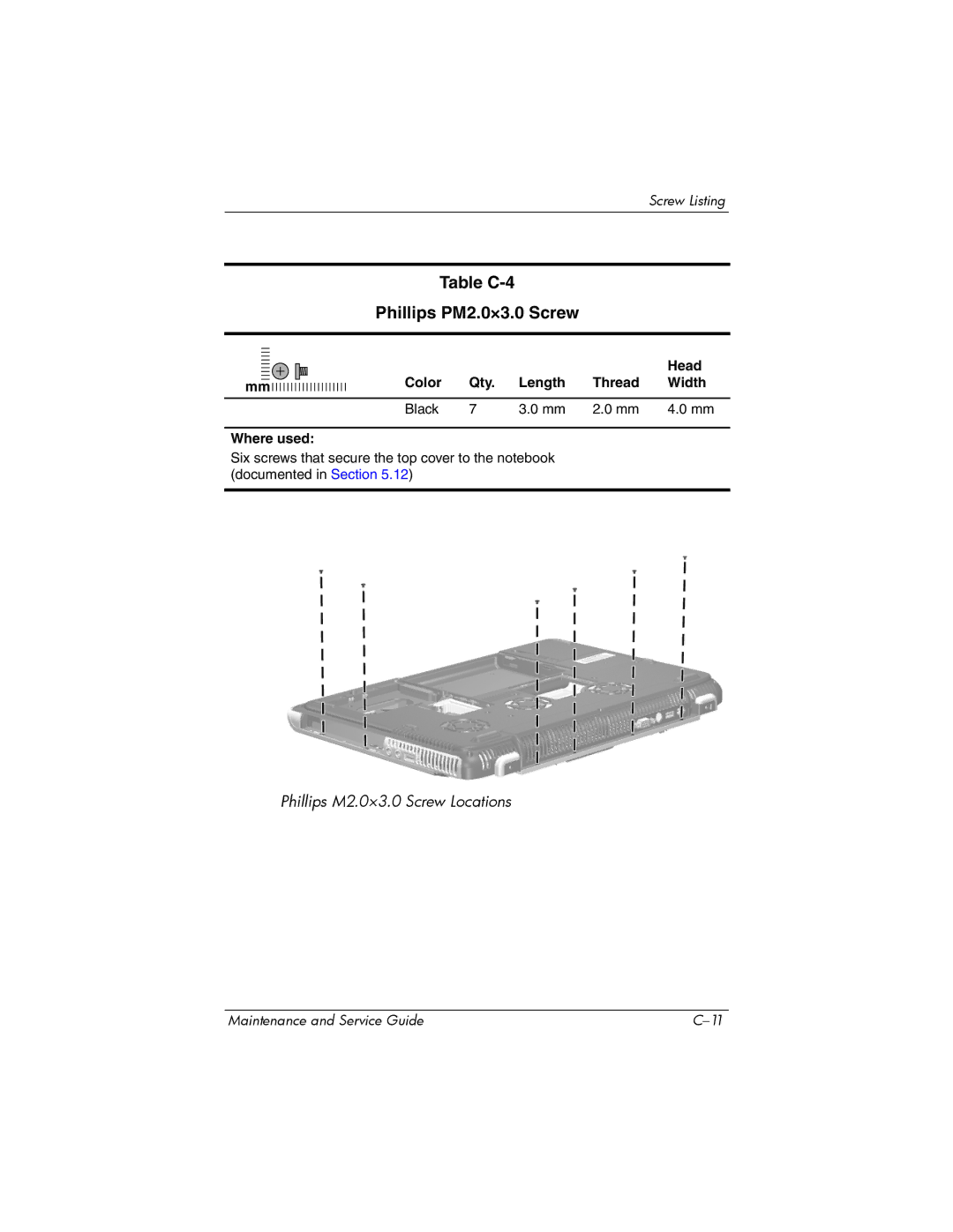 HP ZD8000 manual Table C-4 Phillips PM2.0×3.0 Screw 