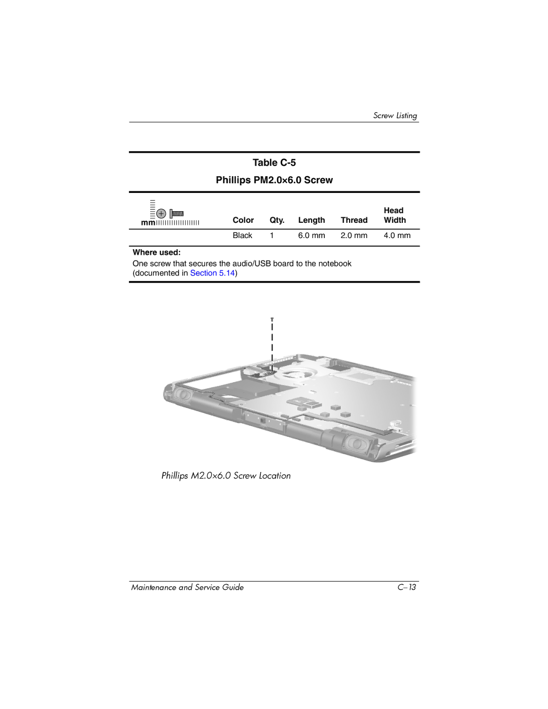 HP ZD8000 manual Table C-5 Phillips PM2.0×6.0 Screw 