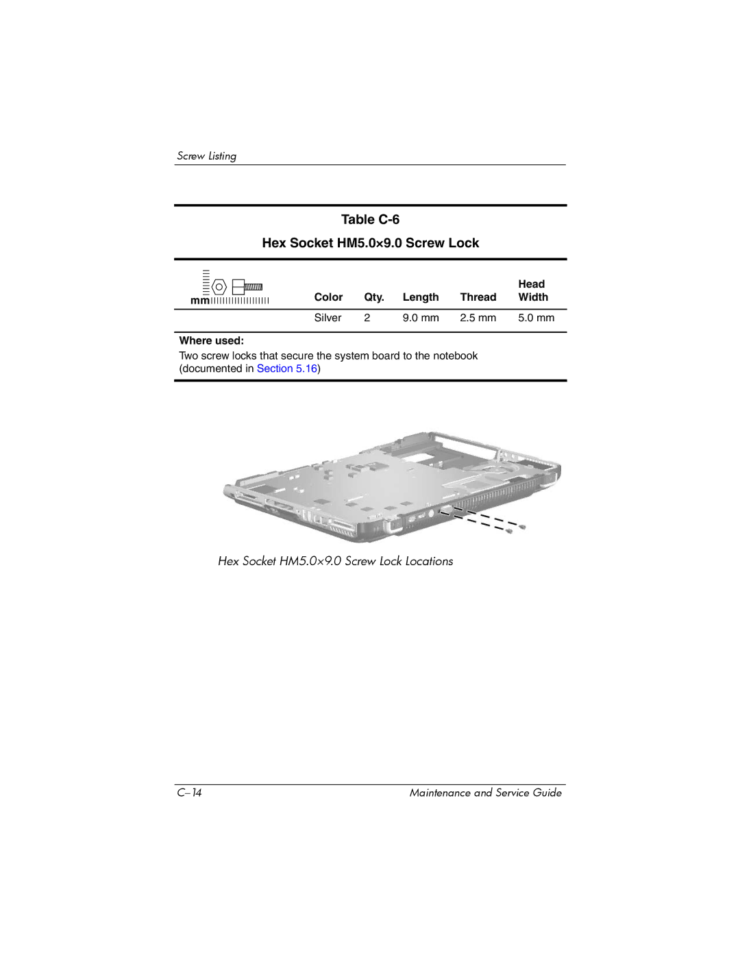 HP ZD8000 manual Table C-6 Hex Socket HM5.0×9.0 Screw Lock, Head Color Qty. Length Thread Width 