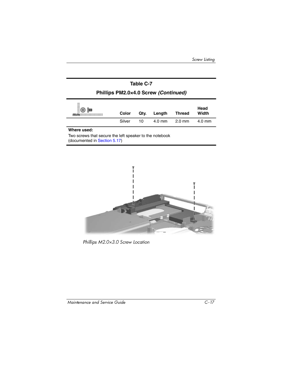 HP ZD8000 manual Phillips M2.0×3.0 Screw Location 