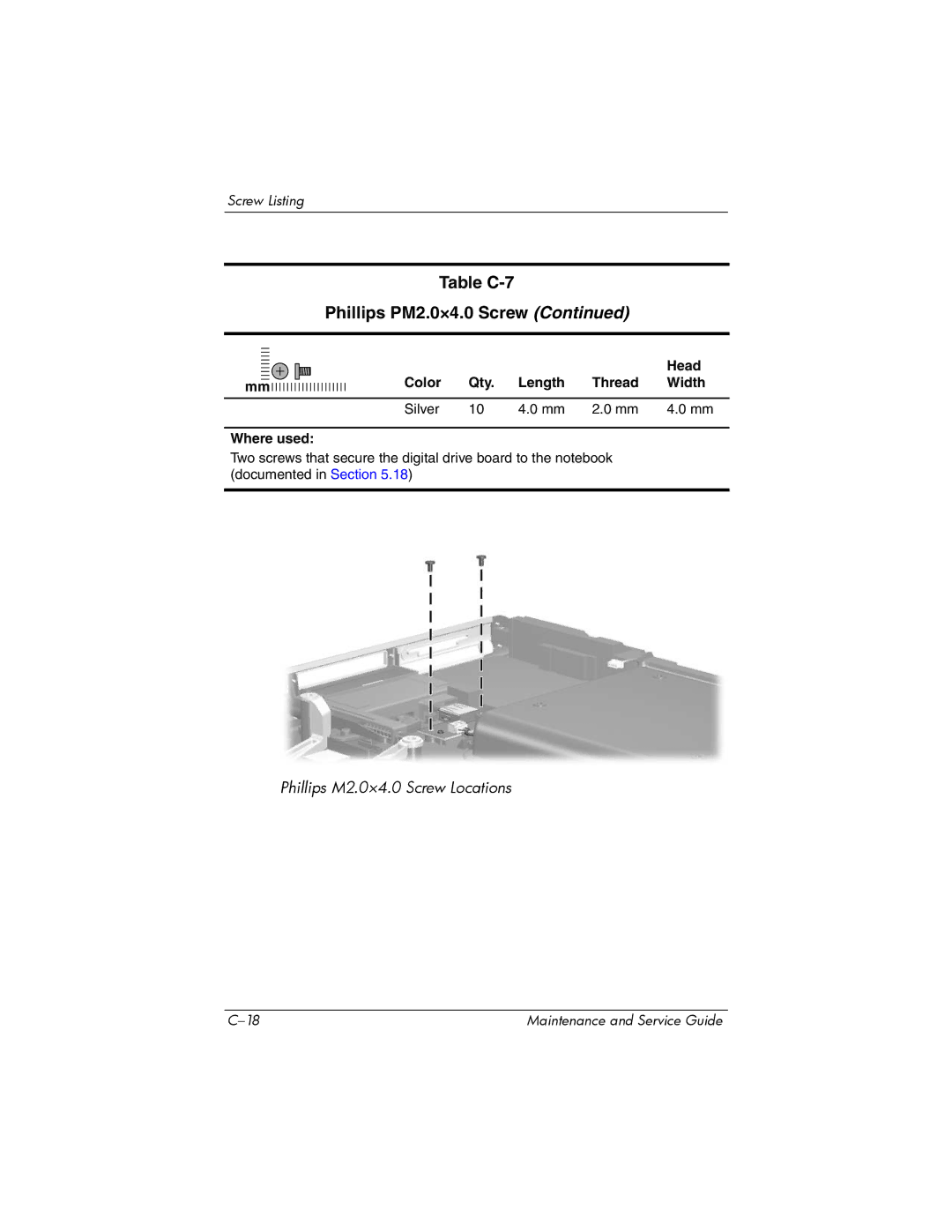 HP ZD8000 manual Table C-7 Phillips PM2.0×4.0 Screw 