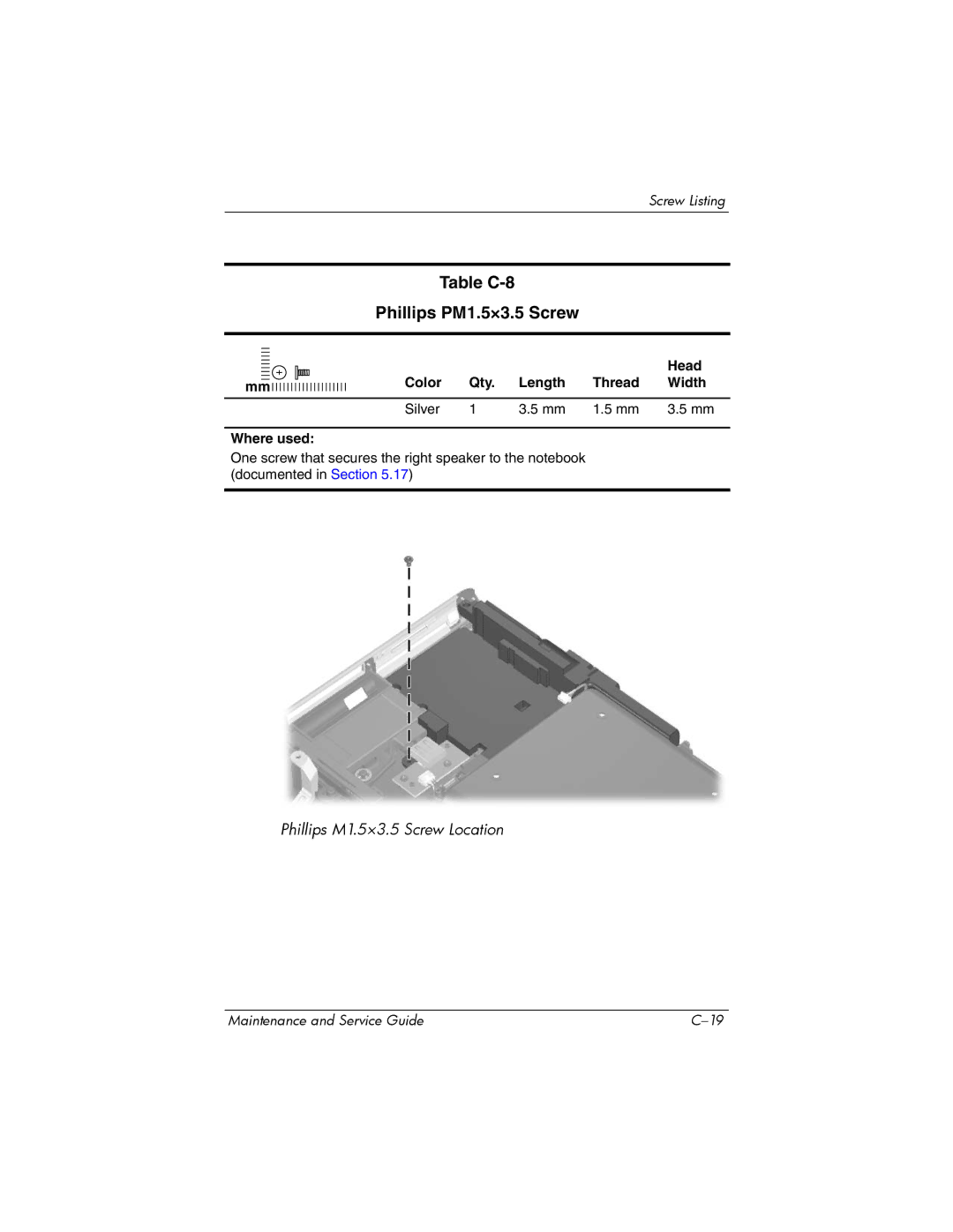 HP ZD8000 manual Table C-8 Phillips PM1.5×3.5 Screw 