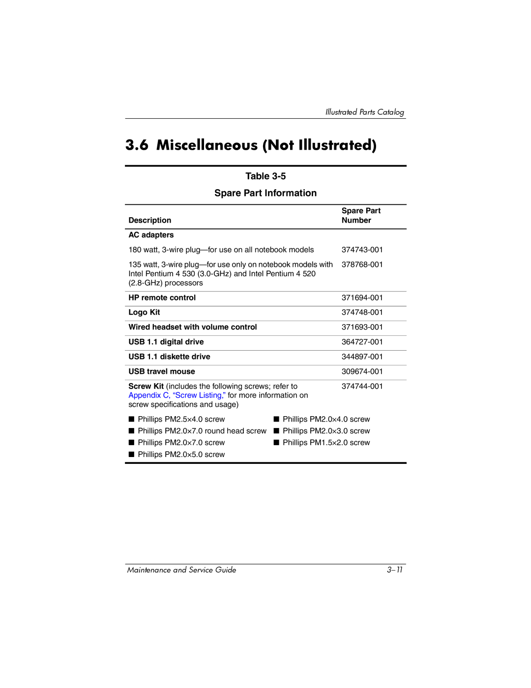 HP ZD8000 manual Miscellaneous Not Illustrated, Spare Part Information 