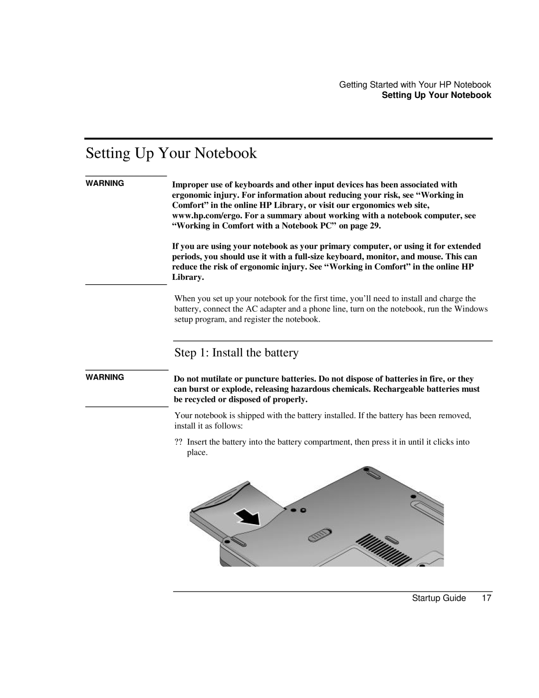 HP ZE1000 manual Setting Up Your Notebook, Install the battery 