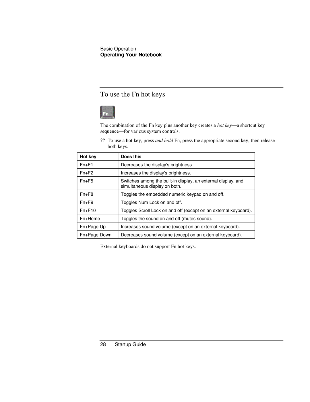 HP ZE1000 manual To use the Fn hot keys, Hot key Does this 