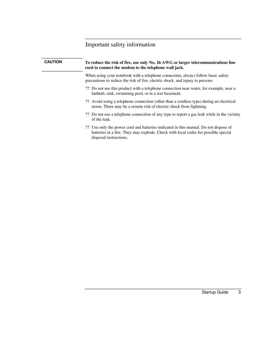 HP ZE1000 manual Important safety information, Cord to connect the modem to the telephone wall jack 