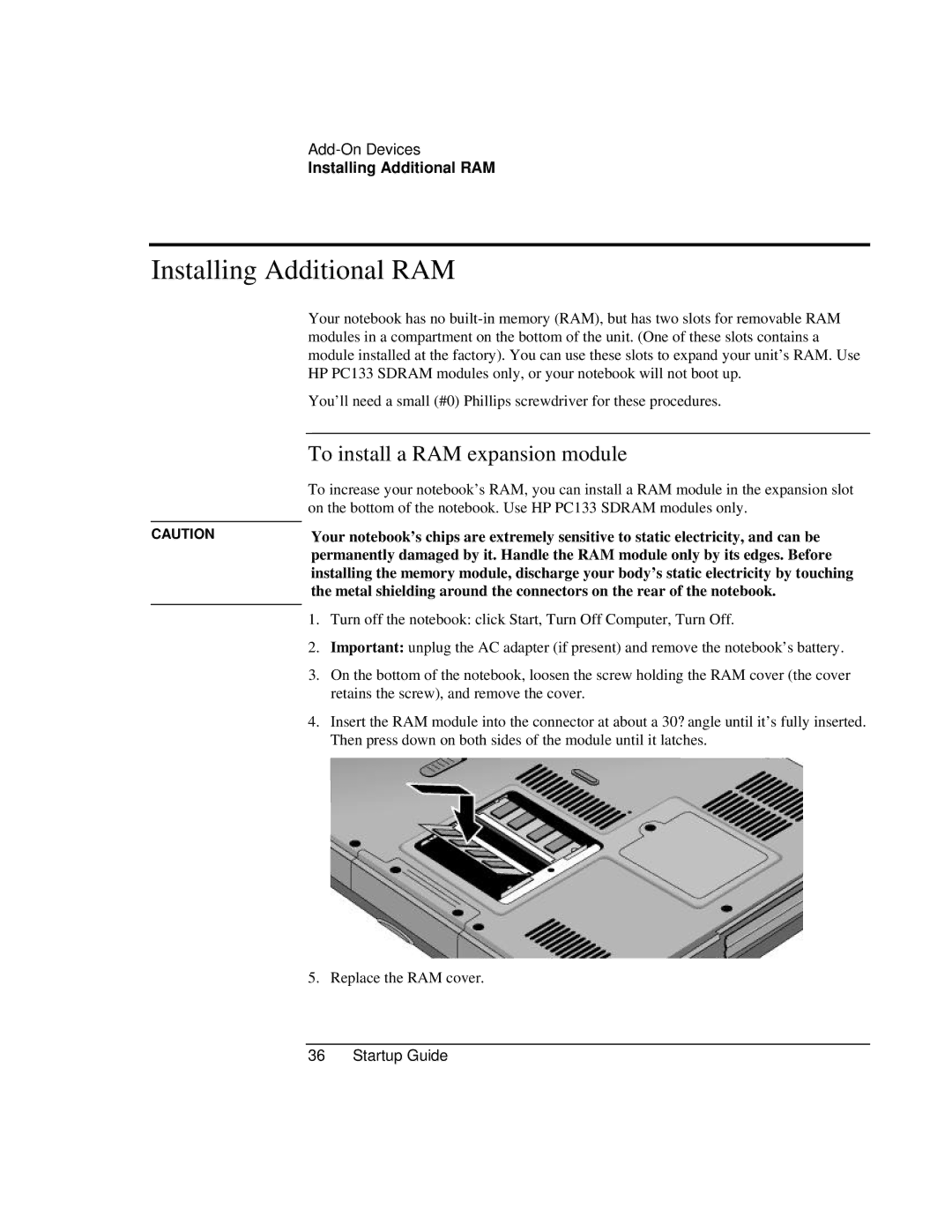 HP ZE1000 manual Installing Additional RAM, To install a RAM expansion module 