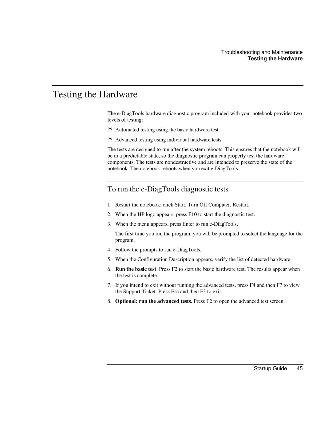 HP ZE1000 manual Testing the Hardware, To run the e-DiagTools diagnostic tests 
