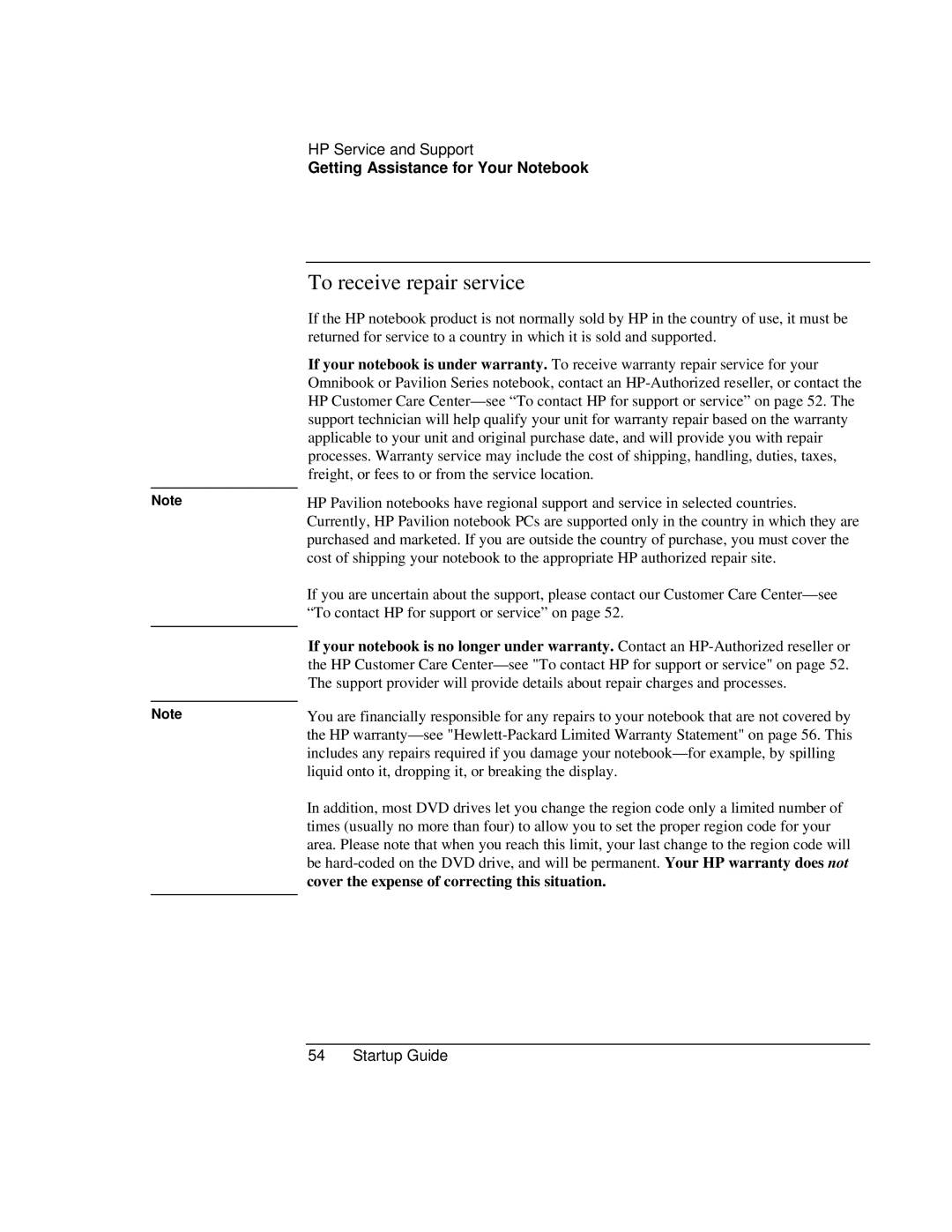 HP ZE1000 manual To receive repair service 