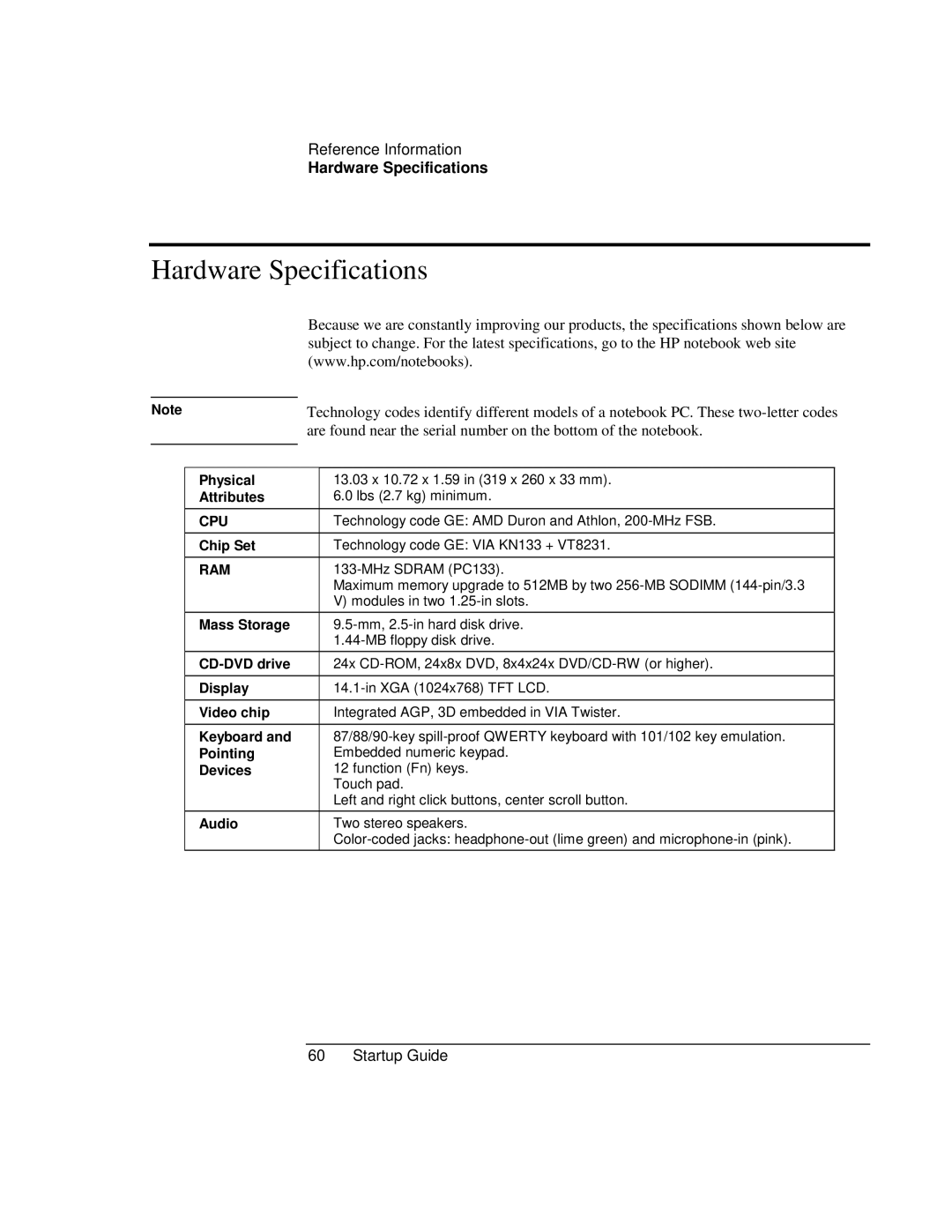 HP ZE1000 manual Hardware Specifications, Cpu 