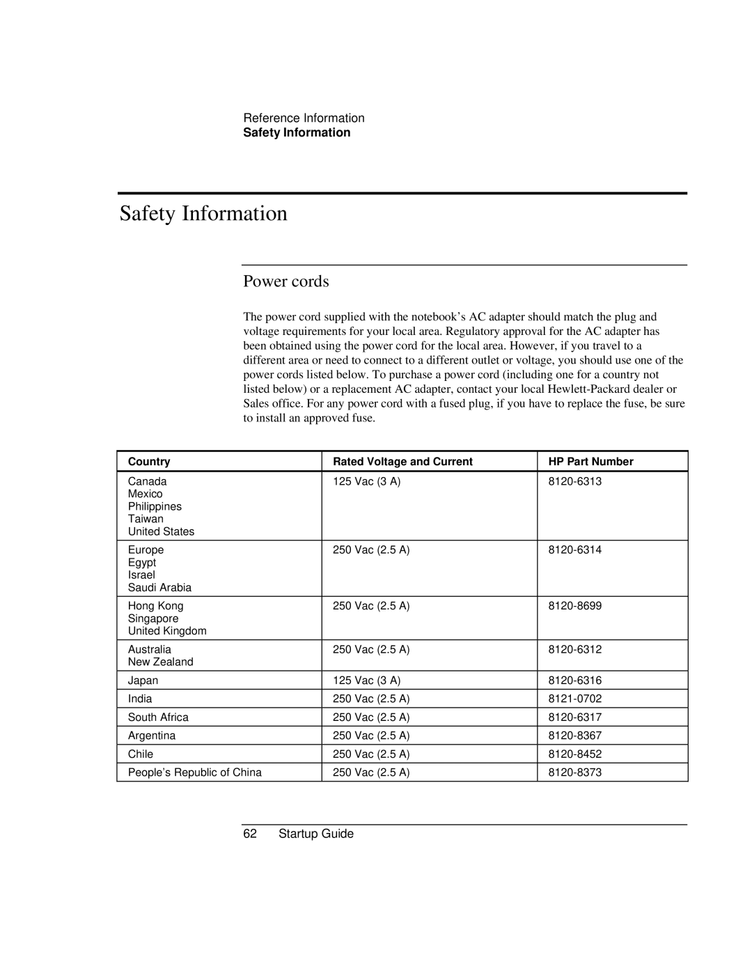 HP ZE1000 manual Safety Information, Power cords 