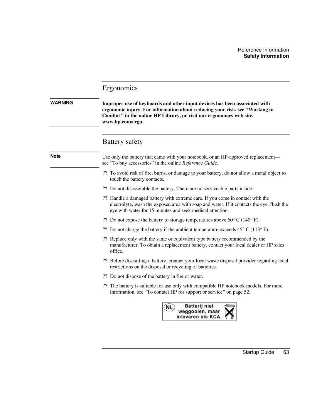 HP ZE1000 manual Ergonomics Battery safety 