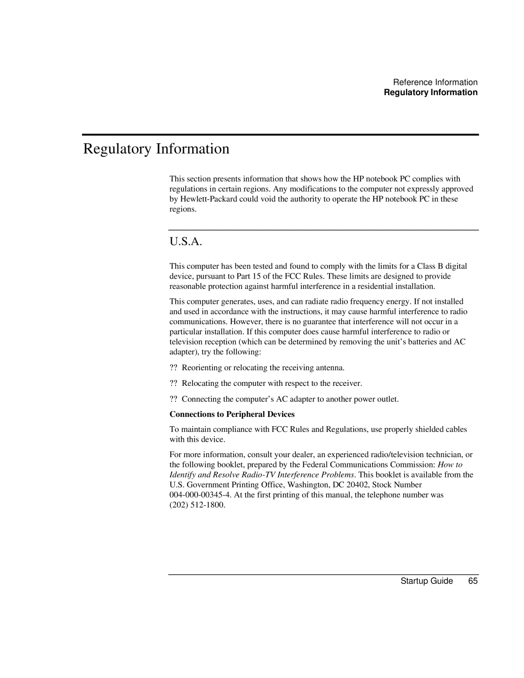 HP ZE1000 manual Regulatory Information, Connections to Peripheral Devices 