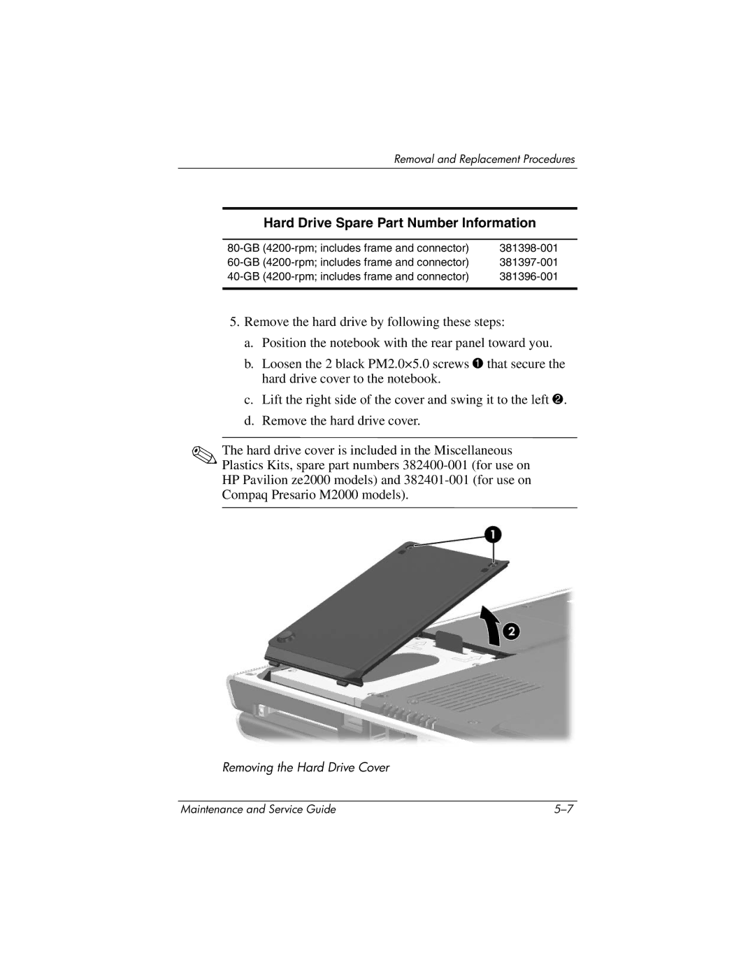 HP ze2000 manual Hard Drive Spare Part Number Information 