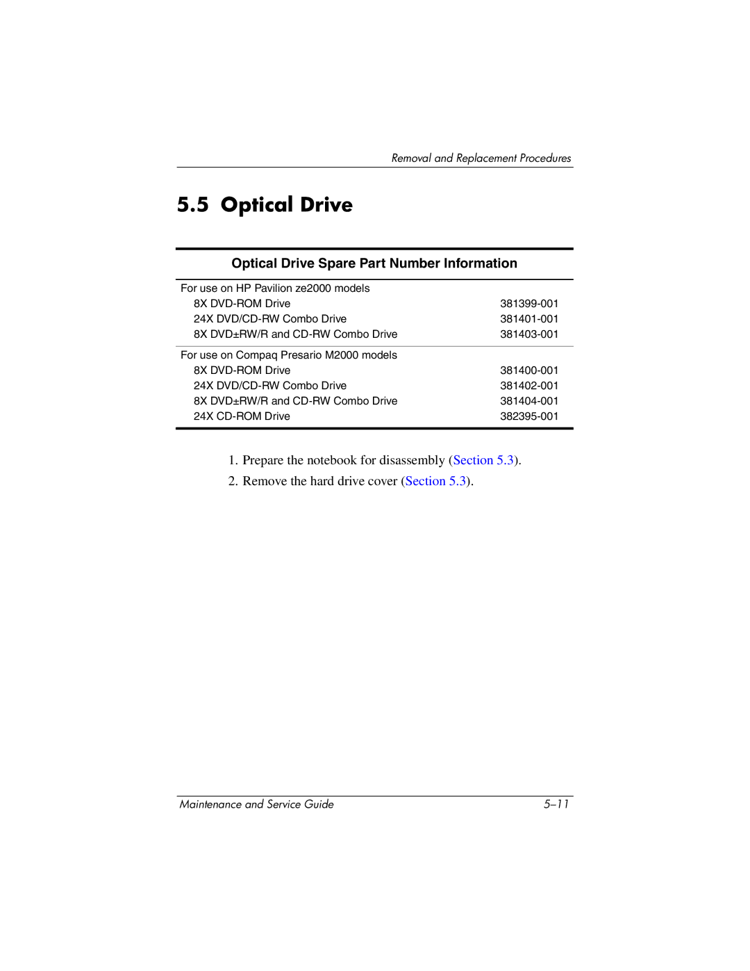 HP ze2000 manual Optical Drive Spare Part Number Information 