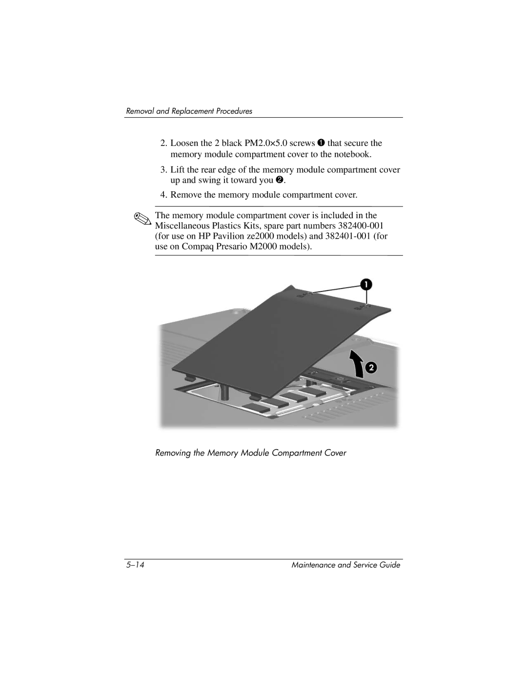 HP ze2000 manual Removing the Memory Module Compartment Cover 