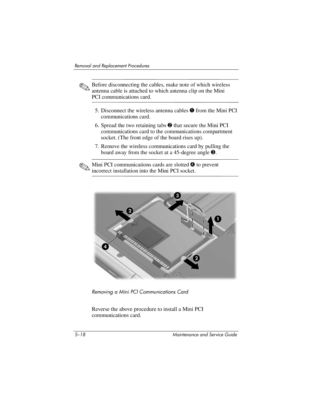 HP ze2000 manual Removing a Mini PCI Communications Card 