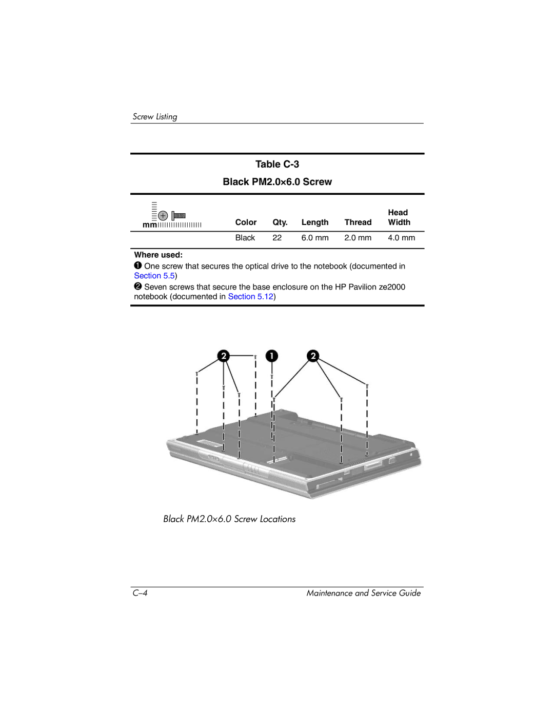 HP ze2000 manual Table C-3 Black PM2.0×6.0 Screw 