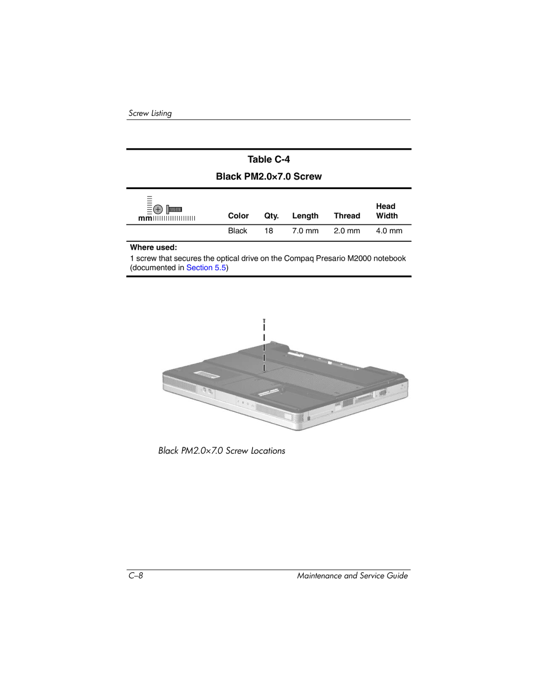 HP ze2000 manual Table C-4 Black PM2.0×7.0 Screw, Head 