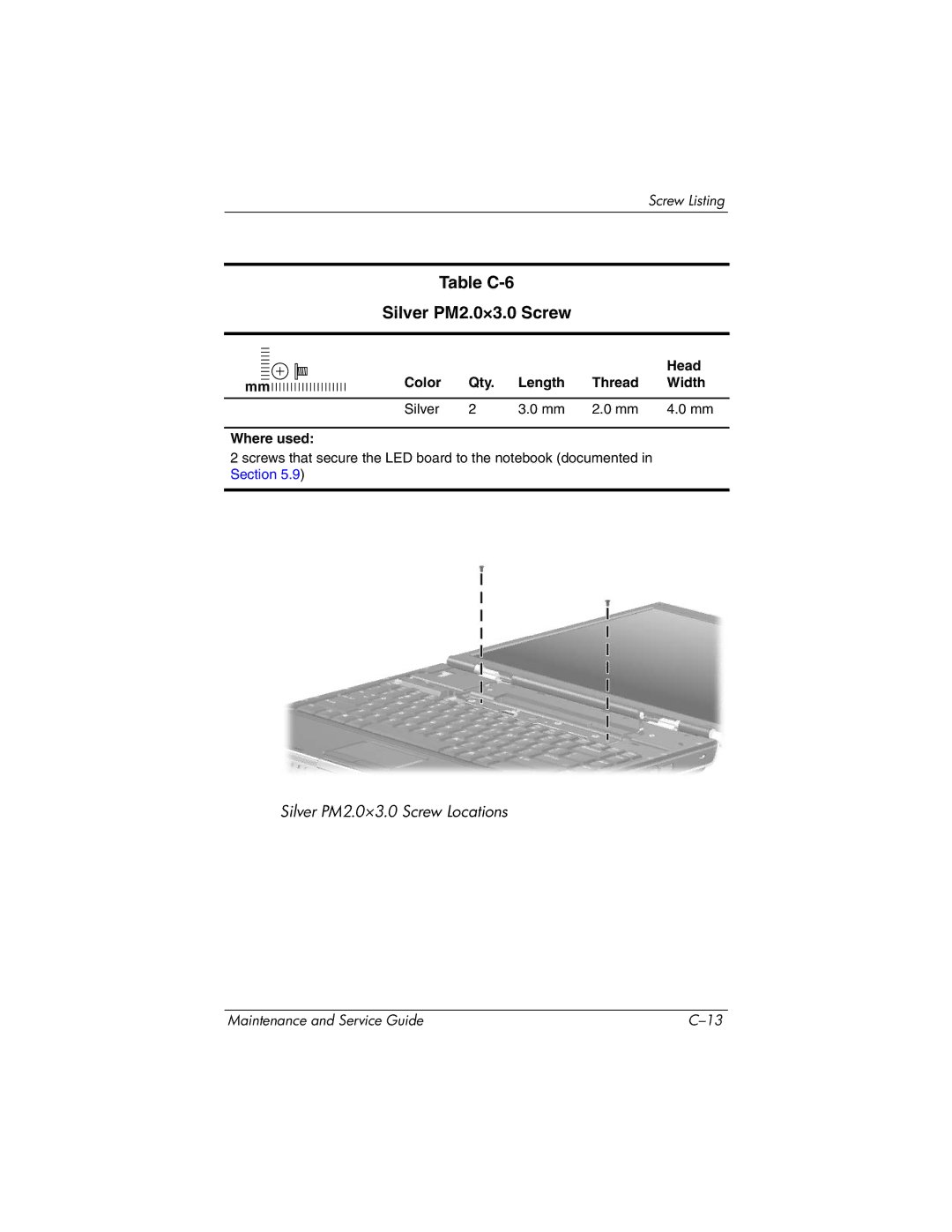 HP ze2000 manual Table C-6 Silver PM2.0×3.0 Screw 