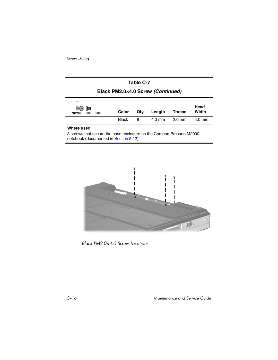 HP ze2000 manual Table C-7 Black PM2.0×4.0 Screw 